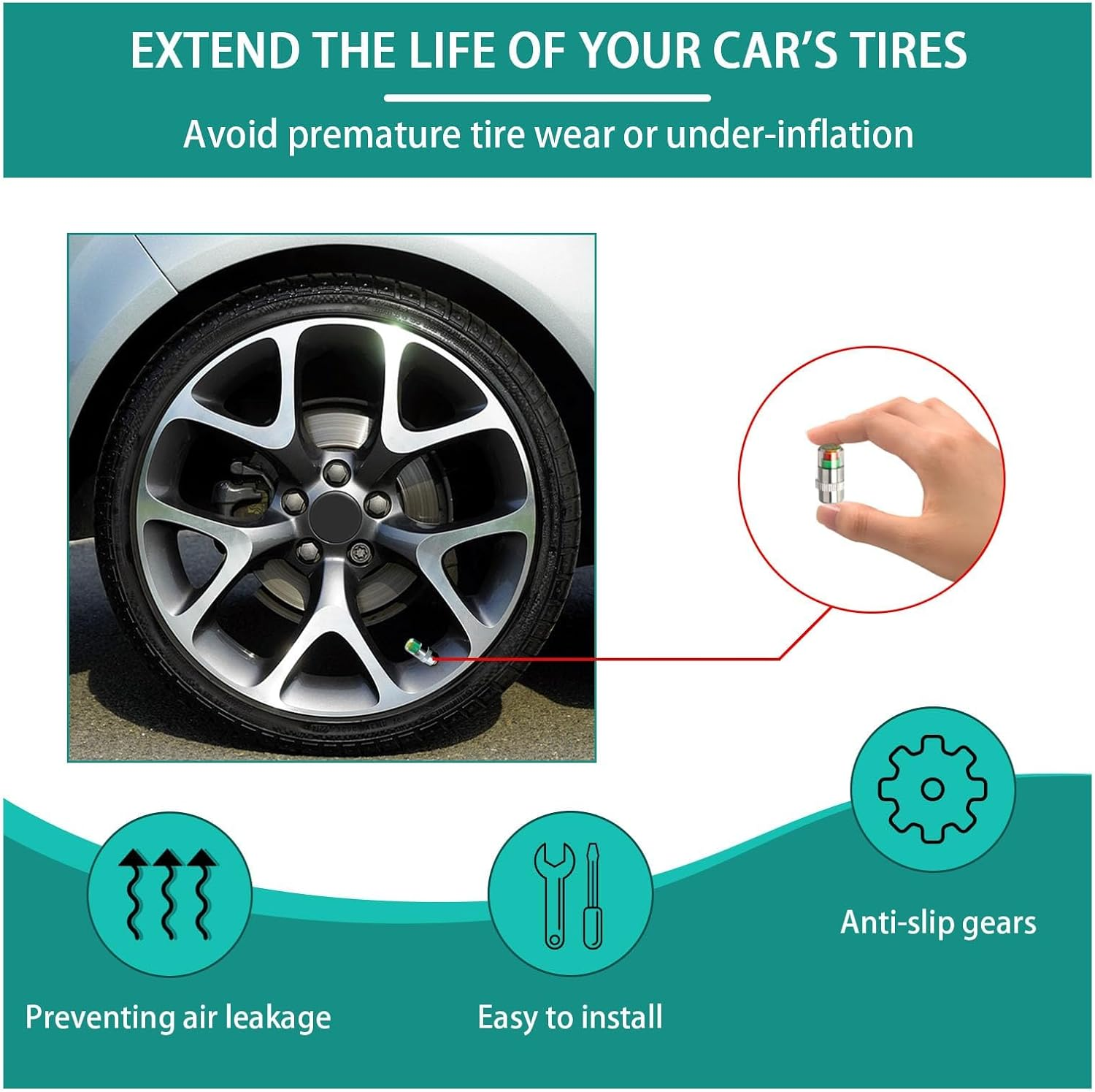 4 PCS Tire Pressure Monitor Valve Stem Caps, 2.4 Bar 36 PSI Car Tire Pressure Monitor Sensor Indicator with 3-Color Eye Alert, Universal Valve Stem Caps for Cars, Suvs, Trucks (Silver) - Silver image number 5