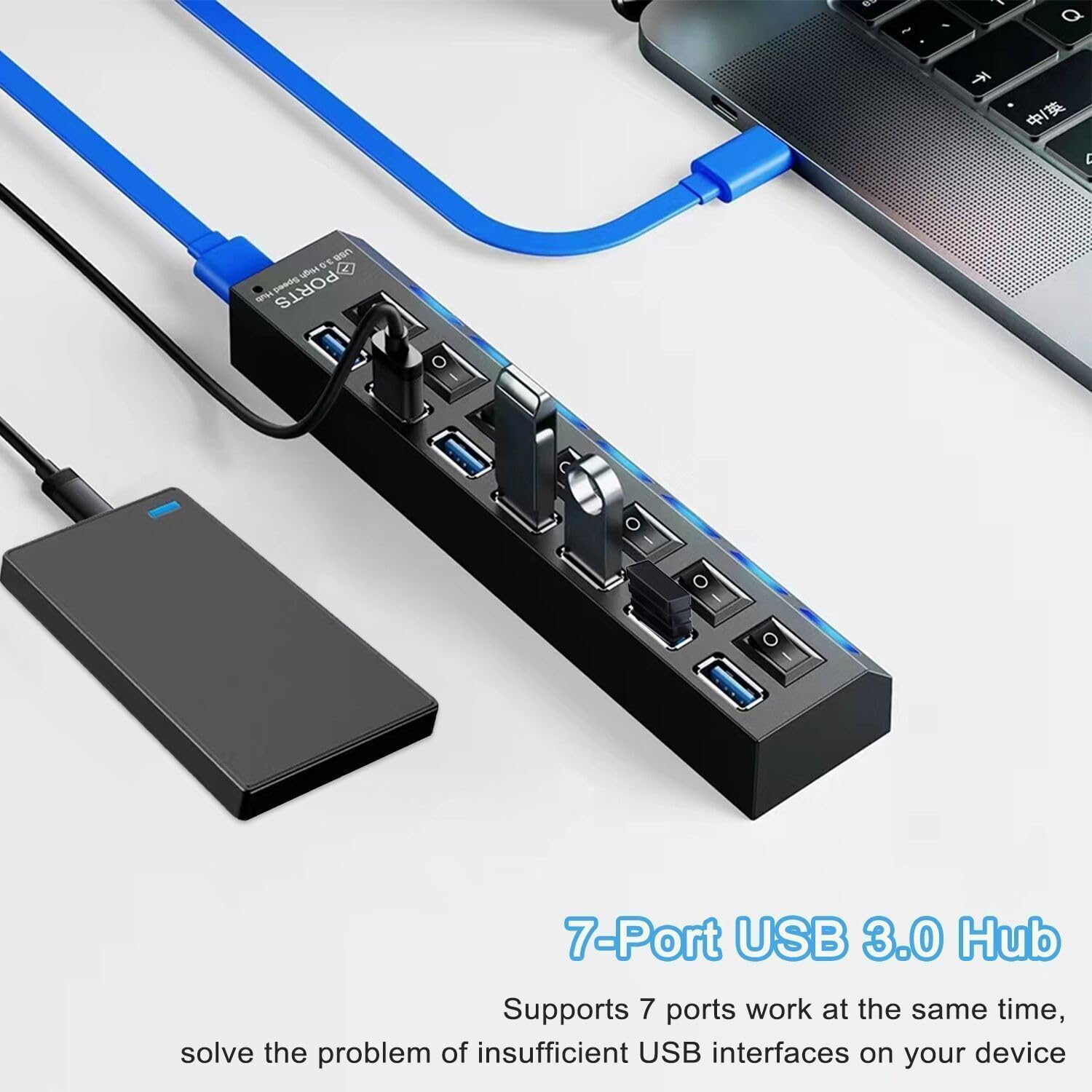 USB HUB,7 Port USB 3.0 HUB 5.0Gbps Data Transfer, with Independent LED Power Switch for XPS, PC, Flash Drives, Portable Hard Drives, Etc., image number 2
