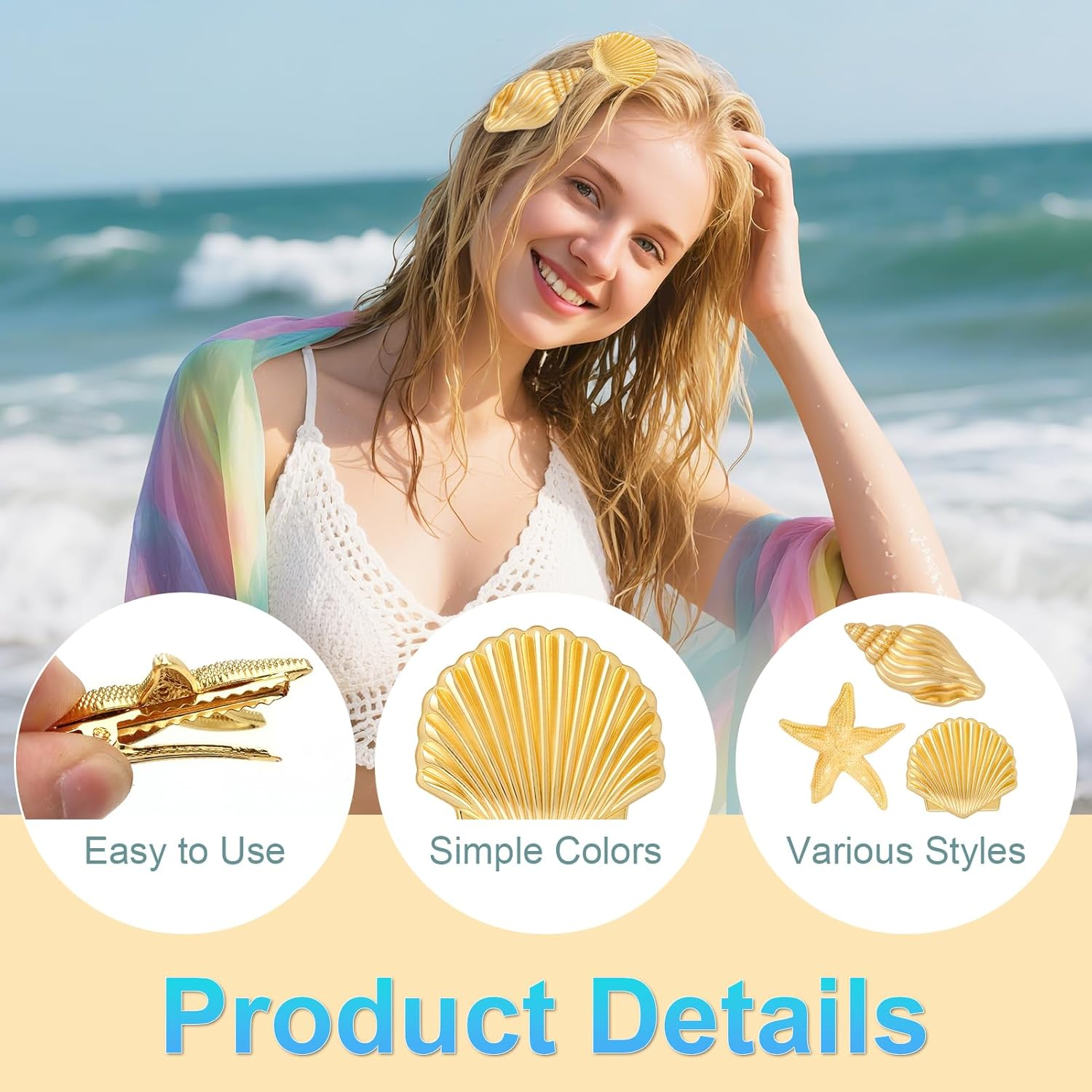 9Pcs Small Starfish Hair Clip Cute Metal Hair Clips Gold Hair Pins for Women Girls Cute Hair Accessories Metal Hair Barrettes Mini Alligator Clips Fashion Shells Beach Vacation Stuff Aesthetic Gift image number 2