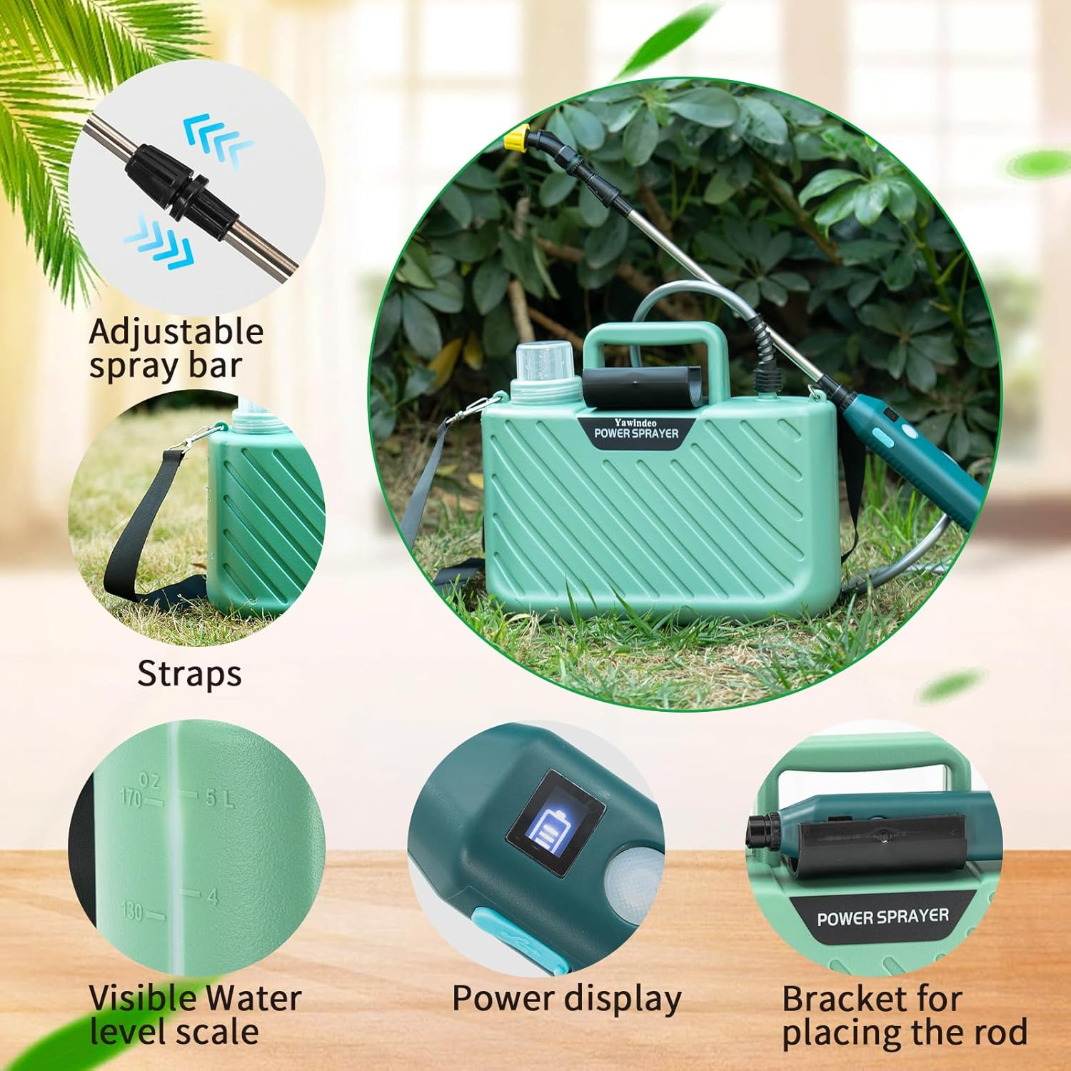 1.35 Gallon/5L Electric Plant Mister, Rechargeable Powered Battery Charge Display,Garden Continuous Mist Spray Bottle with 3 Nozzles,Telescopic Rod and Adjustable Shoulder Strap (Green) image number 5