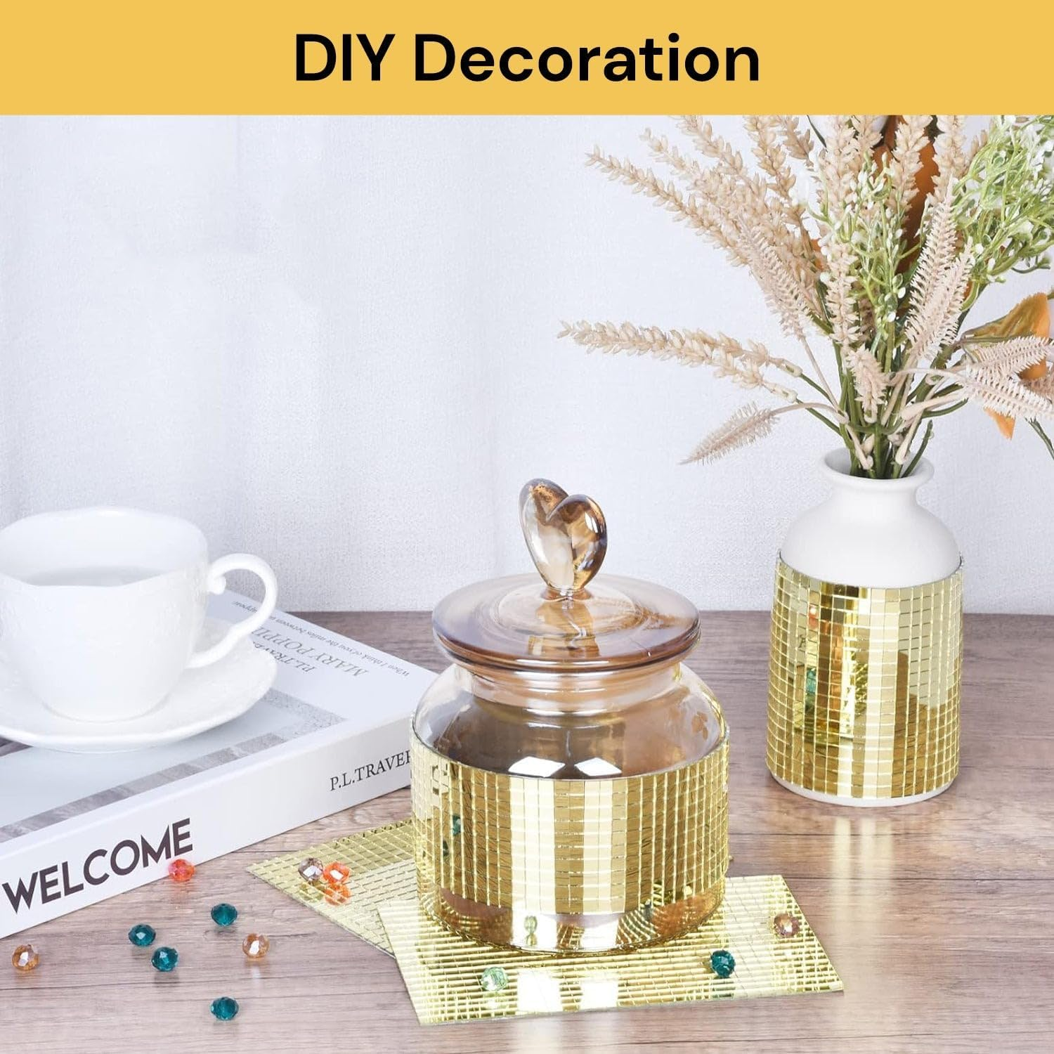 EZONEDEAL 1464 PCS Self Adhesive Mosaic Tiles, 5 X 5 Mm Disco Tiles, Square Mirror Mosaic Tiles for Interior Decoration, DIY Disco Ball Tiles, Card Making and Art Collage (Gold) - Silver image number 6