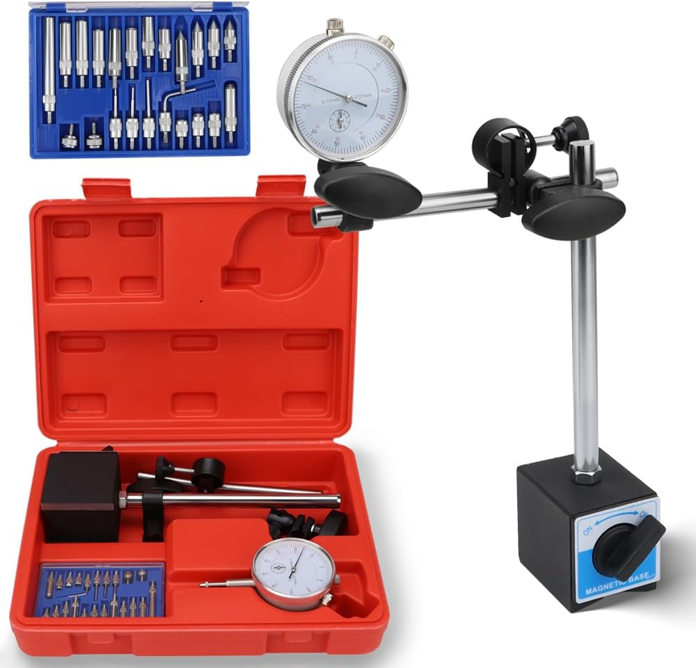 HORUSDY Dial Indicator Gauge Set with Magnetic Base, 0-10Mm Precision Dial Test Indicator with 22PCS Indicator Points, Machinist Measurement Tool for Engine, Automotive, Metalworking image number 1