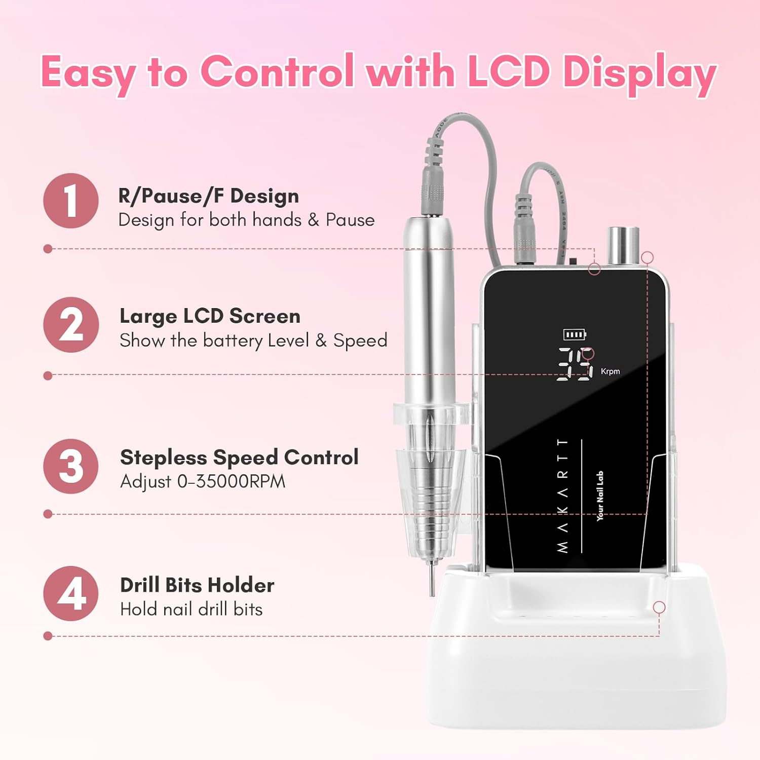 Makartt Electric Nail Drill - 35000RPM Rechargeable Efile with Coreless Motor, Nouvella Portable Nail Filer Machine for Acrylic Gel Removal with Drill Bits Set, Black - Nouvella Purple image number 5