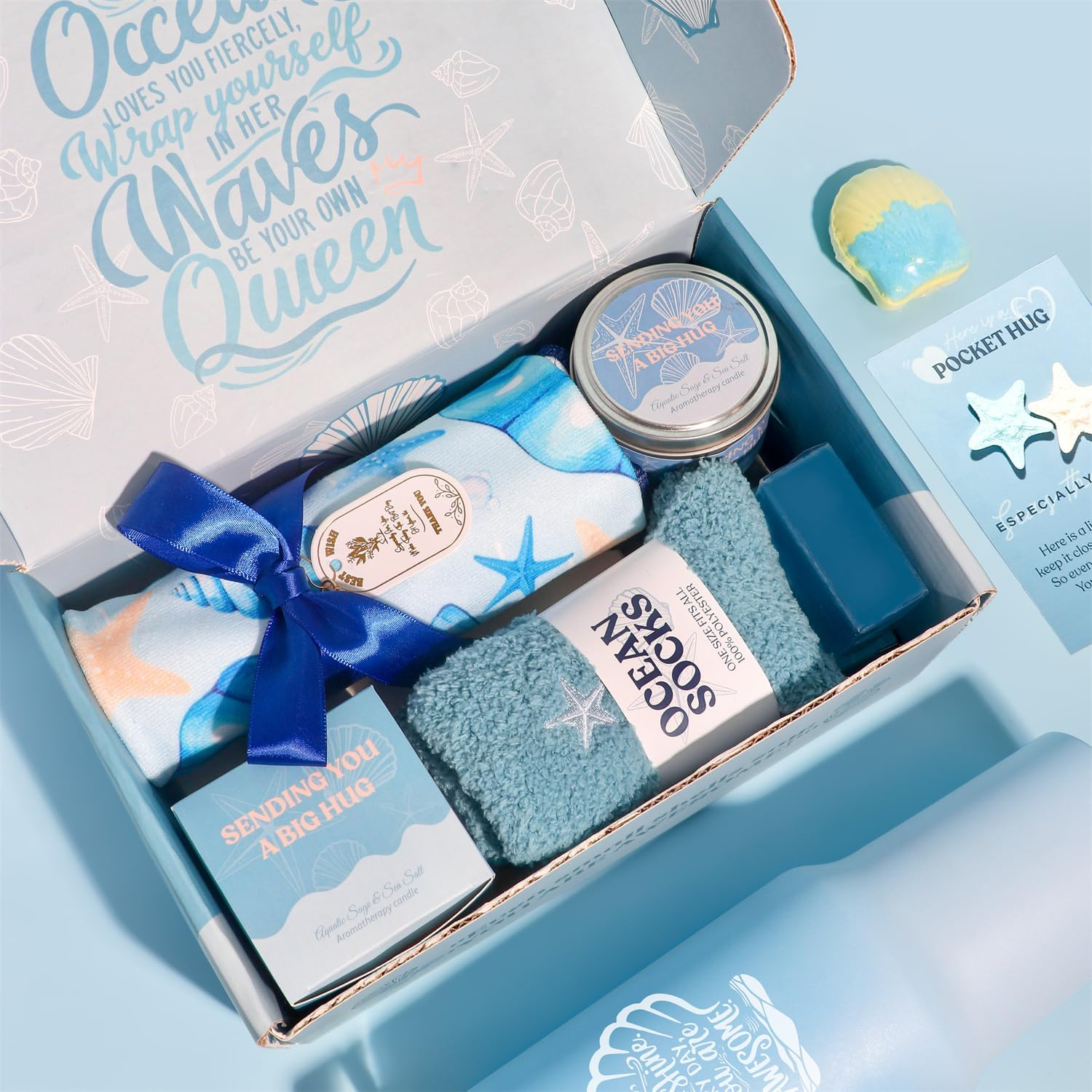 Birthday Gifts for Women,Ocean Themed Self Care Package Spa Gift Baskets Get Well Soon Gift Set with 40Oz Shell Tumbler, Soy Candle, Bath Bomb, Hair Towel, Fuzzy Socks, Soap, Blue image number 5