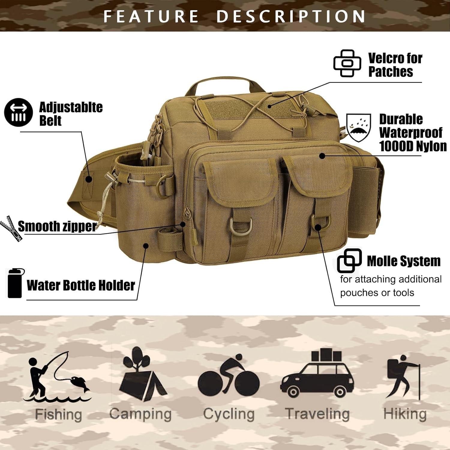 Fishing Tackle Bagcross-Body Sling Fishing Gear Organizer Pack for Fly Fishing Hiking Camping Hunting 1000D Nylon Waterproof (Wolf Brown)