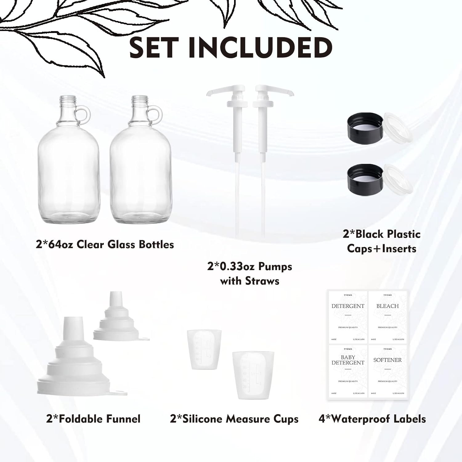 2 Pcs Glass Laundry Detergent Dispenser, Half Gallon Liquid Laundry Soap Dispenser for Laundry Room (64 Oz. Each), Laundry Detergent Bottles with Pump Dispenser -Includes Labels, Funnel, Measuring Cup image number 1