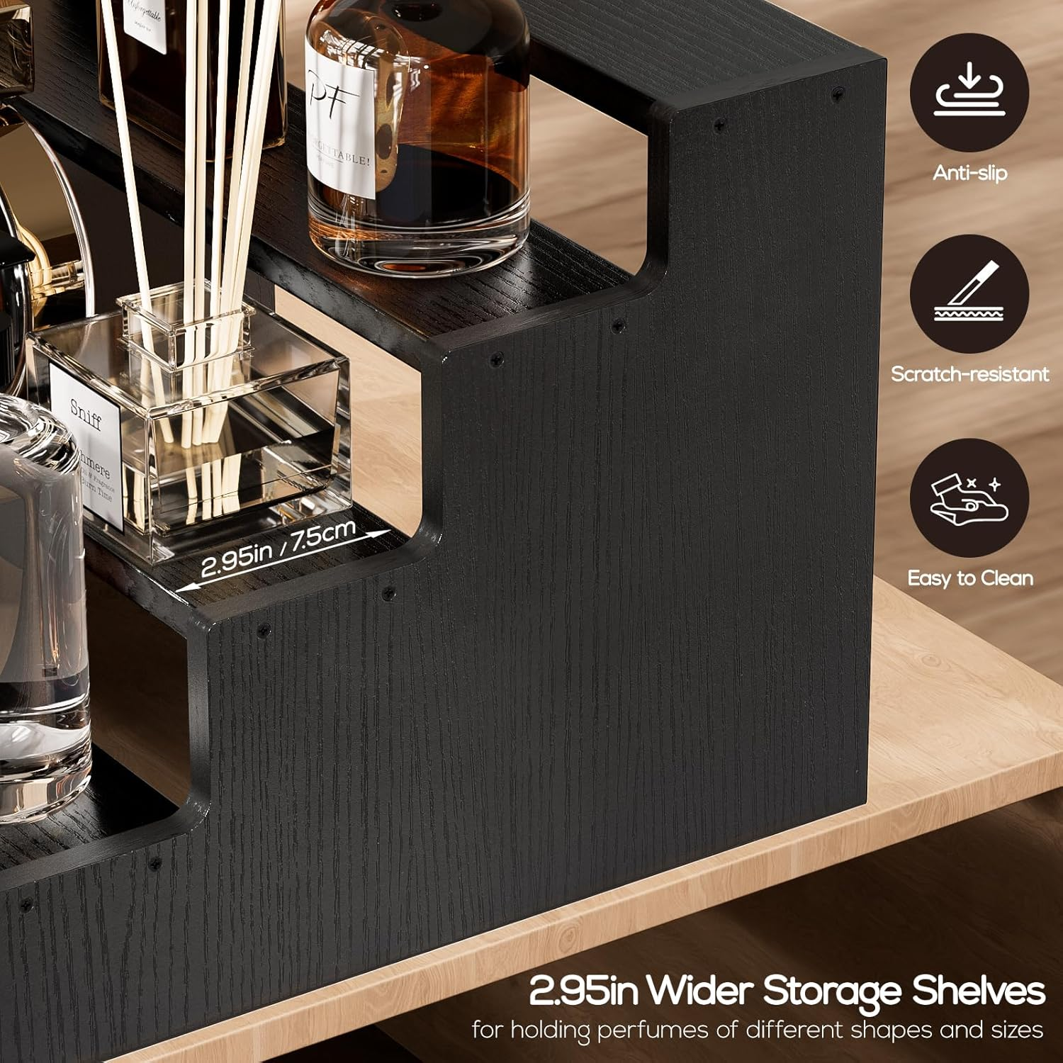 Procase Wooden Cologne Organizer for Men, 4 Tier Perfume Organizer Display Risers, Mens Cologne Stand Holder Organizer, Cologne Shelf Rack for Fragrances Candles Cosmetics Cupcake Figure -Black image number 6