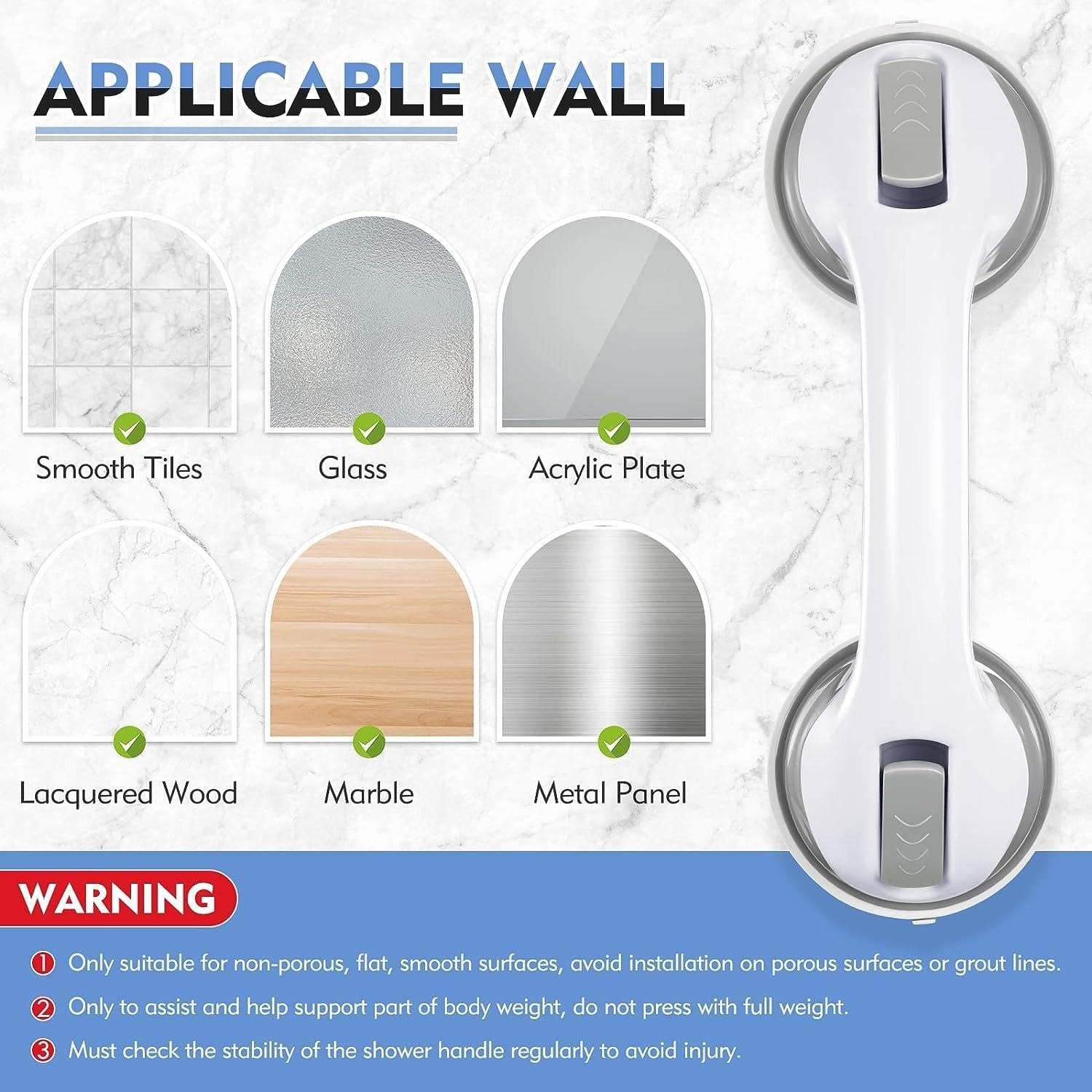 2 Pack Shower Handle, 12 Inch Shower Safety Grab Bars with Strong Suction Cup for Elderly Seniors Handicaps Holding Grab Bar for Shower image number 2