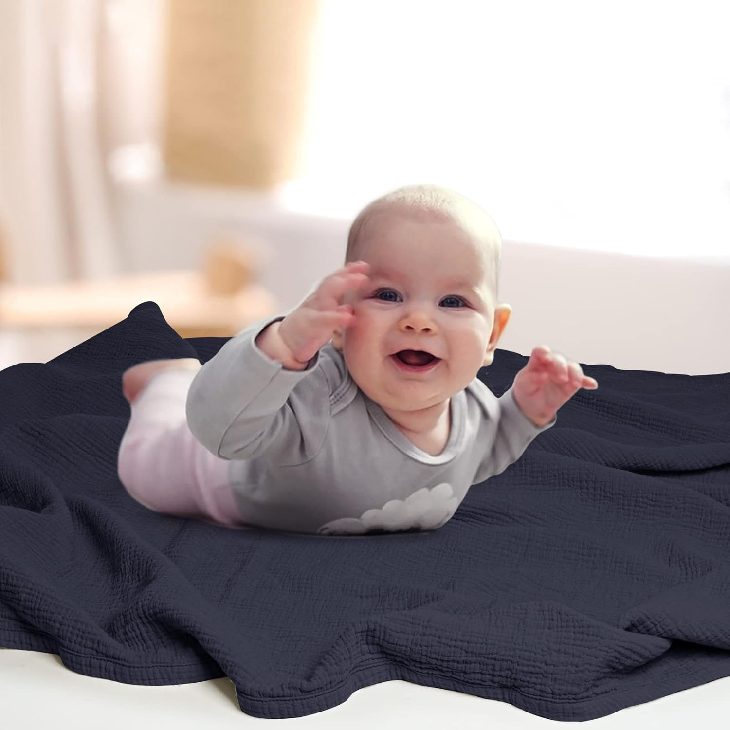 Lulu Moon Baby Blankets Muslin - Soft Cotton Crib Blanket Newborn - Toddler Quilt for Boys and Girls(Blue) - Blue image number 4