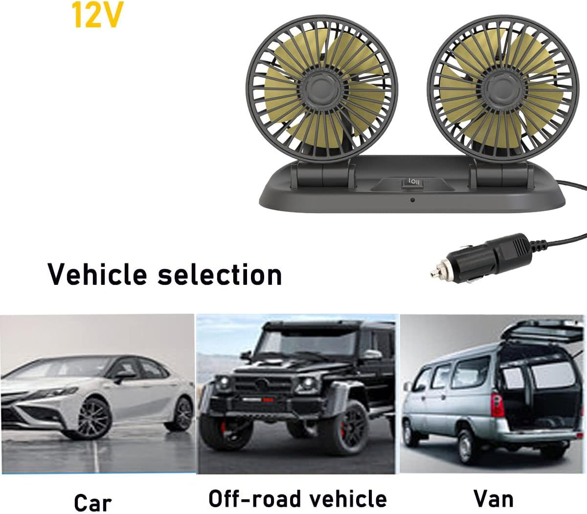Car Fan 12V, Electric Car Cooling Fan with 360 Degree Adjustable Dual Head Cigarette Lighter Plug,Low Noise Automobile Vehicle Fan for Car Truck Van SUV RV Boat