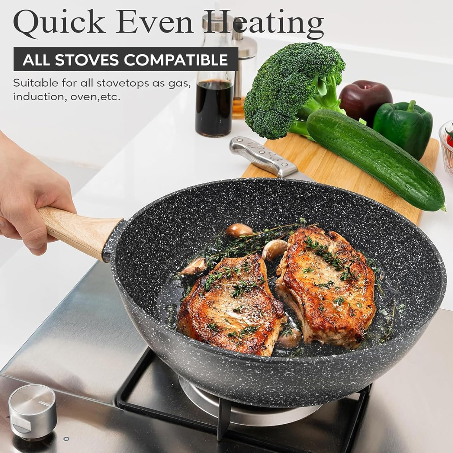 Black Pots and Pans Set, Induction Non Toxic Healthy Kitchen Cooking Set with Frying Pans, Granite Nonstick Cookware Sets, Saucepans, Steamer, PFAS PTFE PFOA PFOS Free, 12Packs image number 3