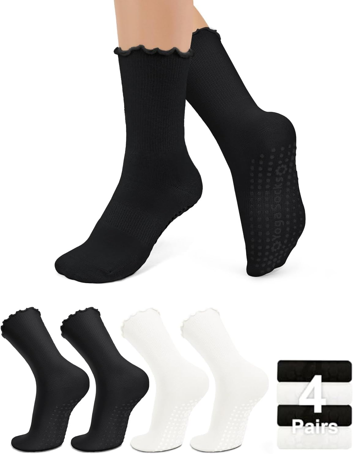 ZANZER Pilates Women'S Yoga Socks with Non-Slip Grip, Ruffle Swivel Cuff & Crew Design - Anti-Skid Workout Socks