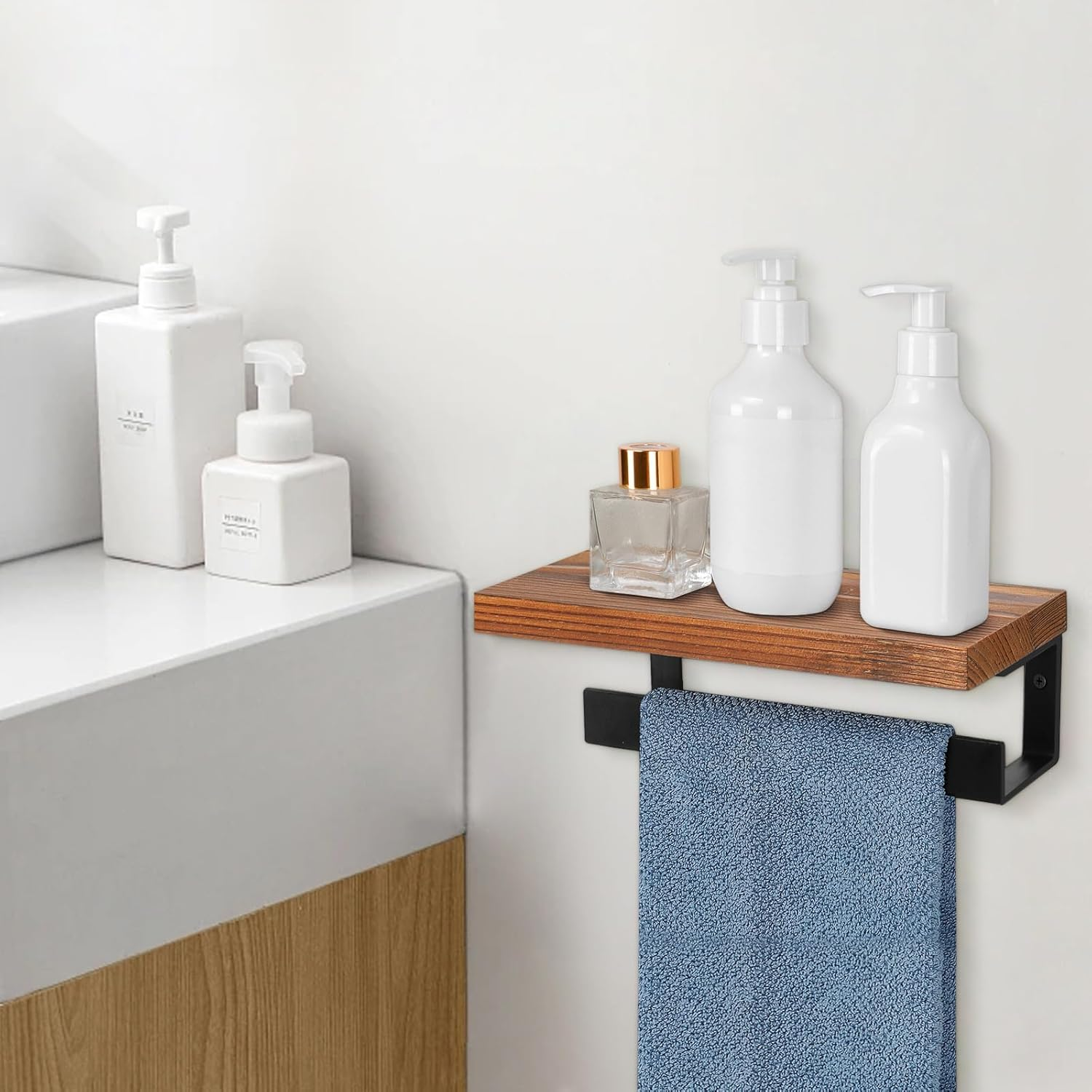 Winmien Hand Towel Holder/Towel Ring with Wooden Shelf, Premium Metal Hand Towel Rack, Hand Towel Hanger for Bathroom, Bathroom Accessories Wall Mounted (Matte Black, 9 Inch) image number 6