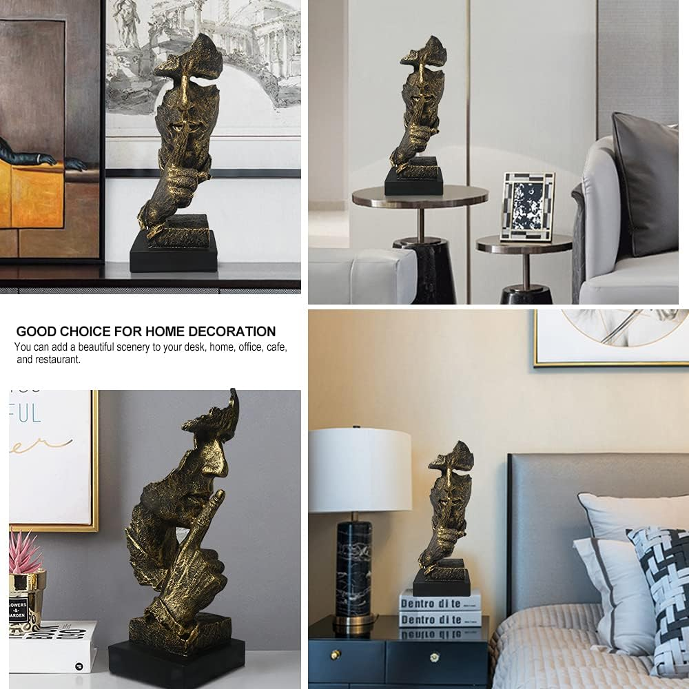 Thinker Statue - Silence Is Gold Modern Decor Creative Abstract Art Figurine Resin Sculptures Decoration Room Home Study Office Figurines for Desktop Shelf Table Ornament (Bronze) - Gold,Silver image number 4