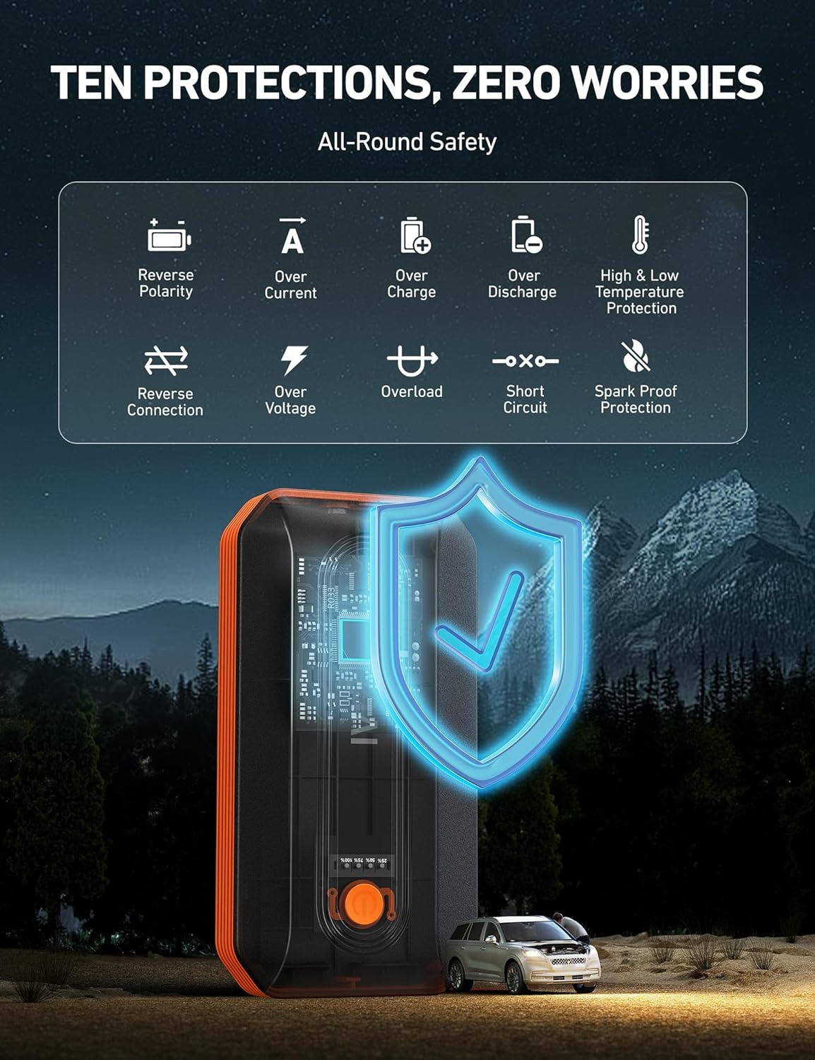 Astroai Car Battery Jump Starter Power Bank 2000A for 12V Vehicles (7.0L Petrol / 5.5L Diesel) and Moto, Portable Car Battery Charger, Smart Car Jump Pack with Smart Battery Clamps & LED Torch, Orange - Orange image number 5