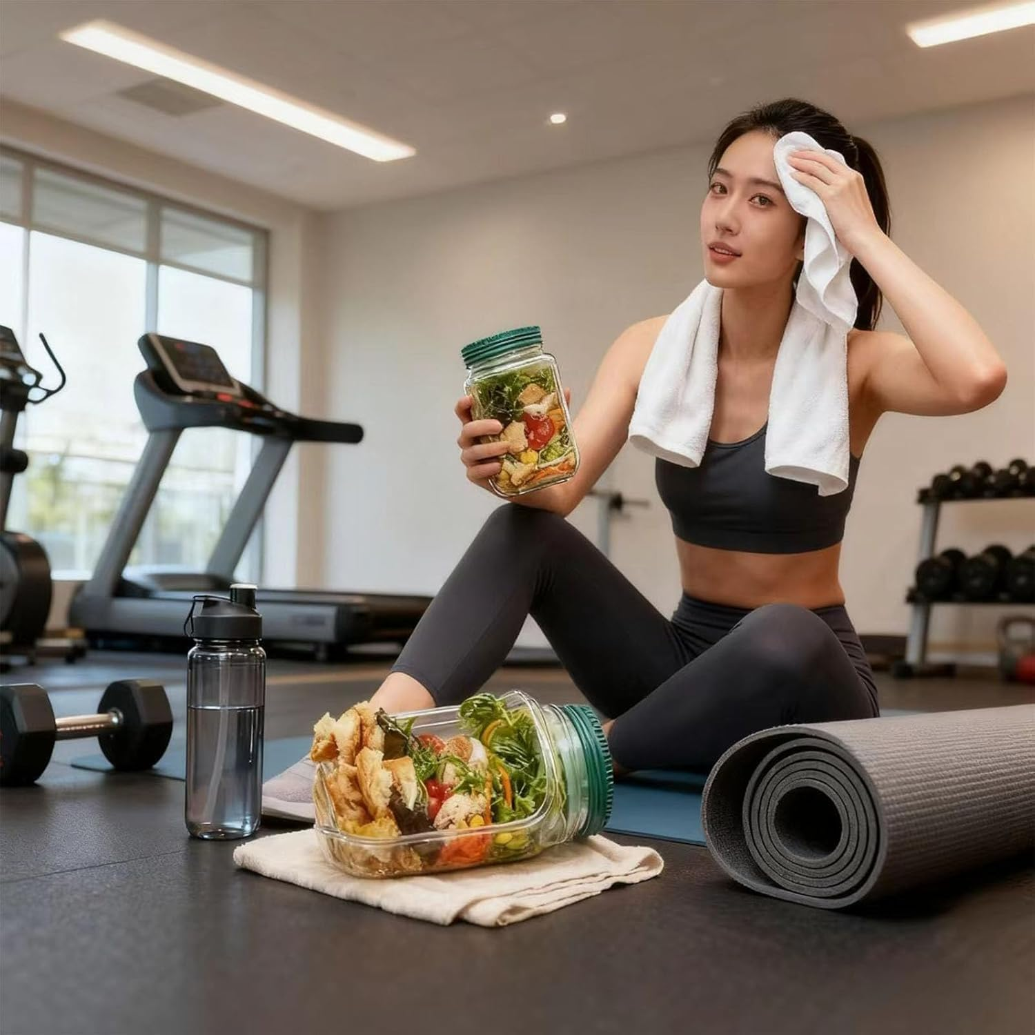 Salad Jar with Side Opening,Igugig Salad Pod Mason Jar Container with Leakproof Dressing Cup Dishwasher Safe Canisters for Meal Prep Home Outdoor Travel image number 4