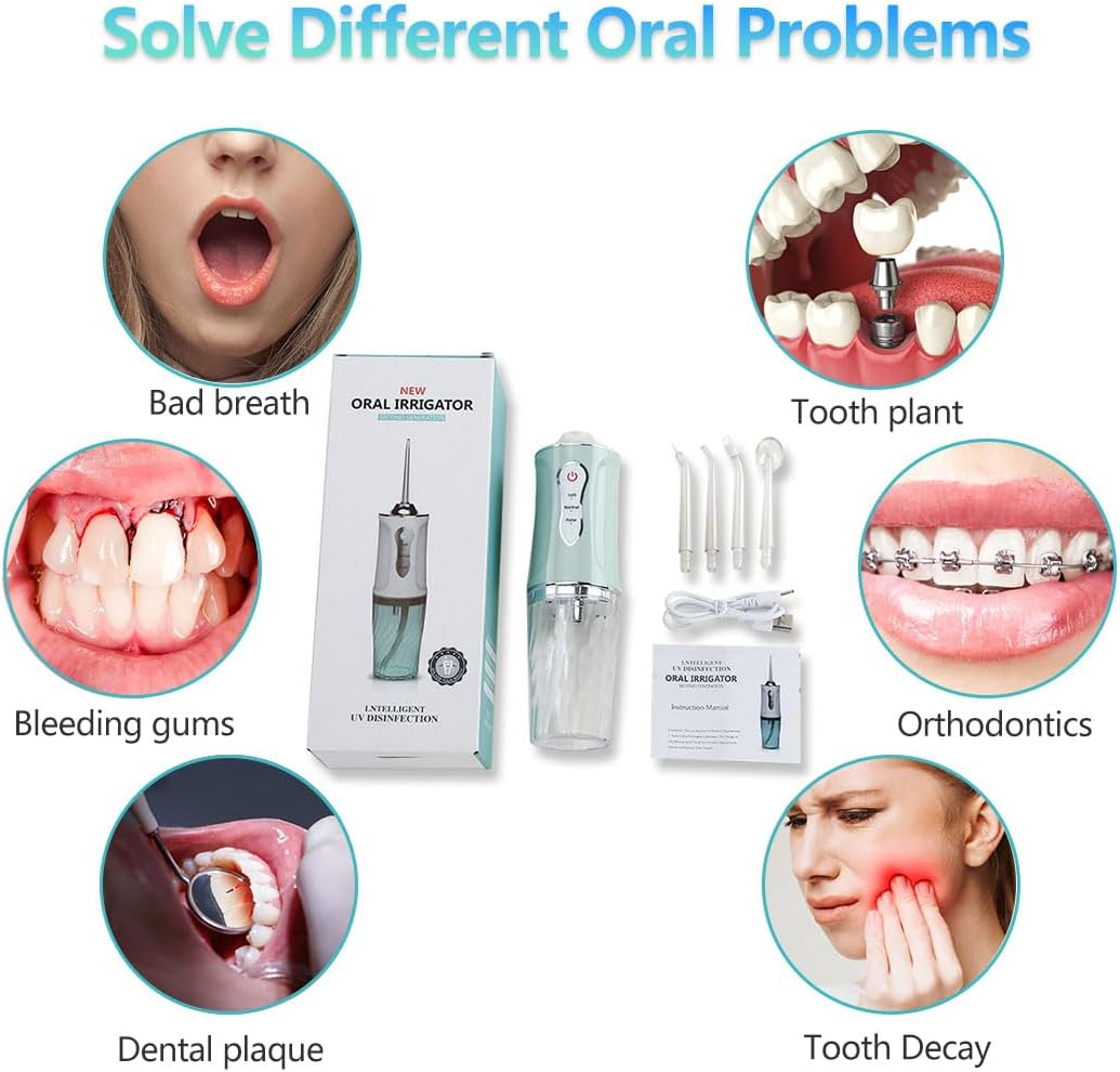 Water Flosser,Cordless Water Dental Cleaner Choice of 4 Tips, IPX7 Waterproof Rechargeable Portable Powerful Battery Water Flosser for Travel and Home Braces and Bridge Care (Green)