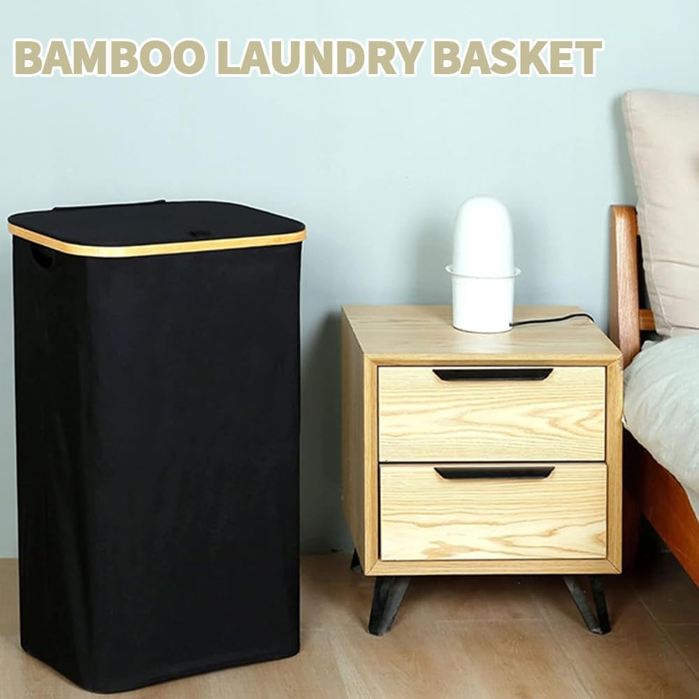TOMVAES Laundry Hamper with Lid,Divided Folding Bamboo & Oxford Cloth Laundry Hamper,Modern Collapsible Hamper,Waterproof Liner, Great for Adults, Bathroom, Living Room image number 2