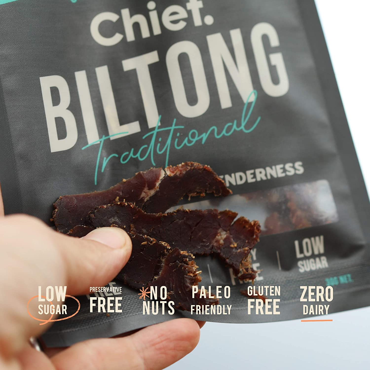 CHIEF Traditional Beef Biltong (12 X 30G Bags) | 100% Organic Grass-Fed Aussie Beef, Paleo Friendly, Gluten Free, Dairy Free, Nut Free, Low Sugar image number 5