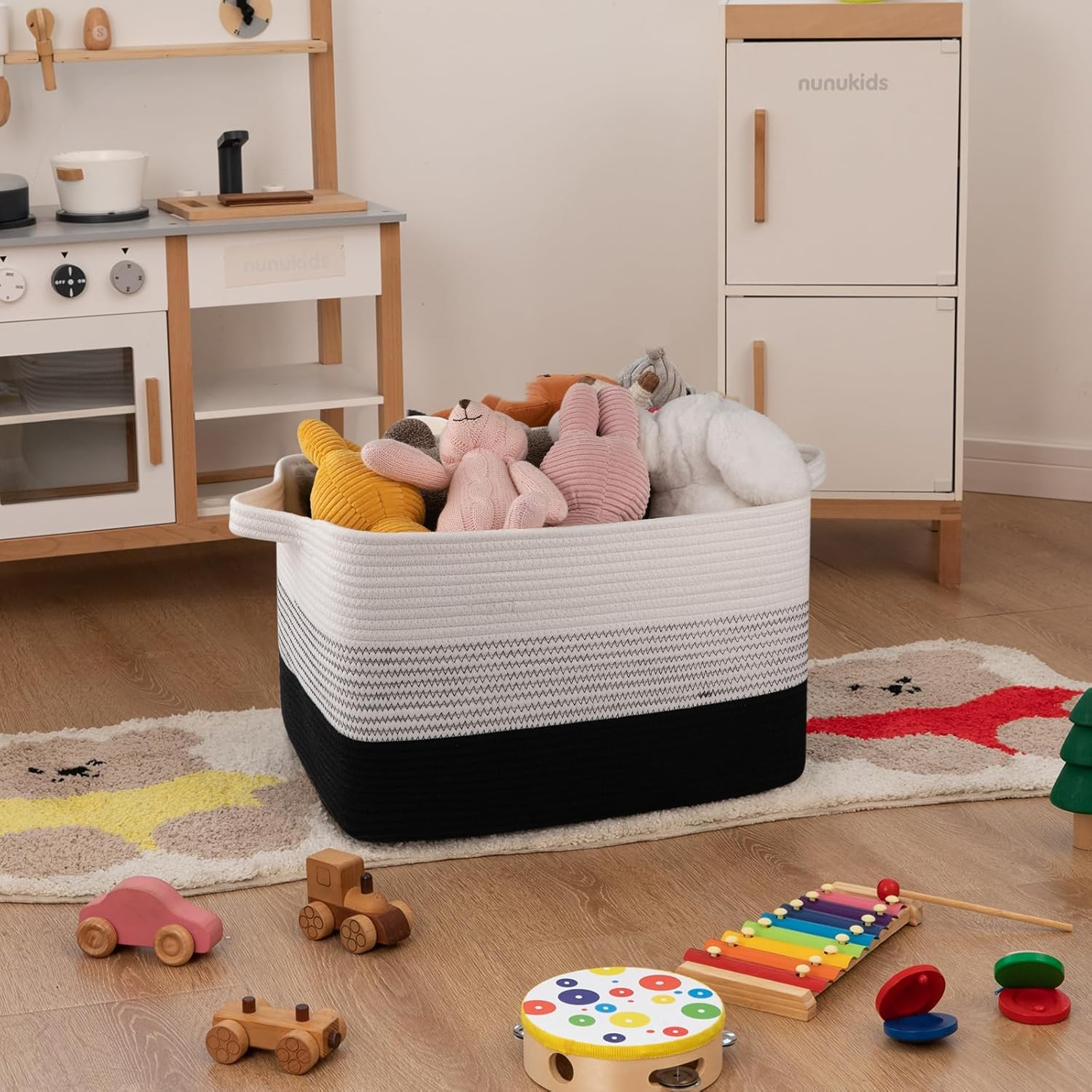 3 Pack Storage Basket, Cotton Rope Woven Basket with Handles for Shelf, Pet Toy, Book, Cloth, Storage Organizer for Living Room, Bathroom (Gradient Black, M)