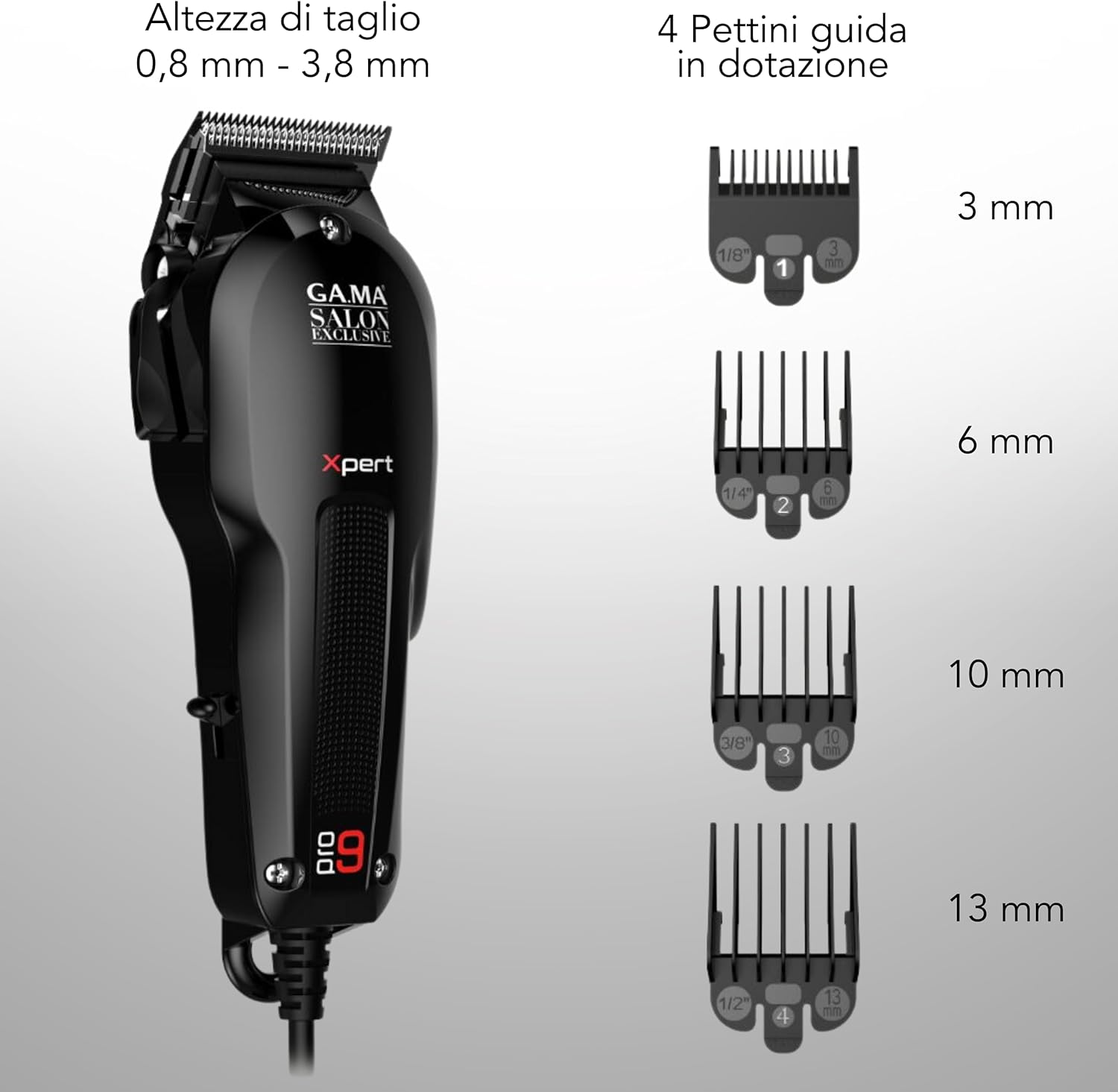 Gama Italy Professional PRO9 XPERT - Professional Men'S Hair Trimmer - Magnetic Motor - Cut between 0.8 and 3.8 Mm - 4 Guide Combs Included (3, 6, 10, 13 Mm) image number 1