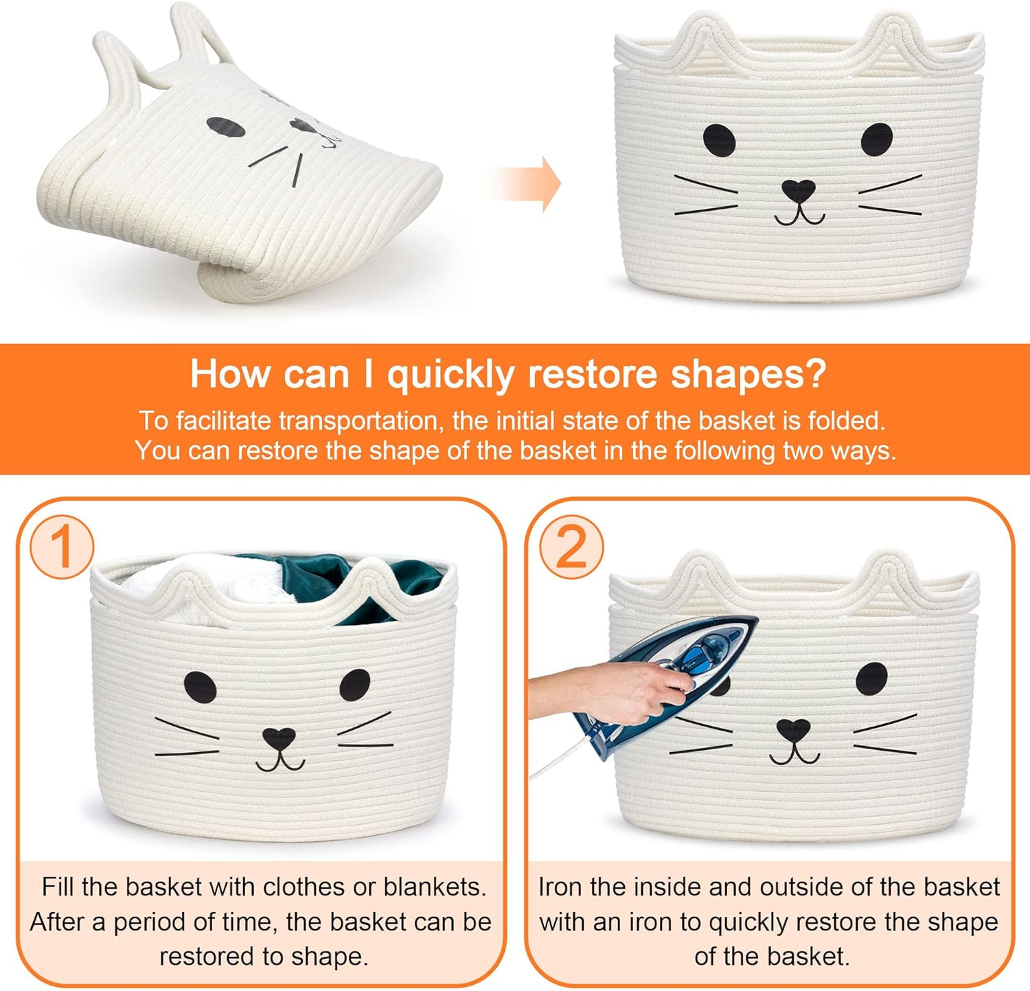 Toy Storage Basket, Kids Laundry Basket Foldable, Baby Hamper Woven Rope Basket for Nursery Cat Decor Bedroom, Toy Storage Box for Boys Girls Dog Cat(Cat,L) image number 6