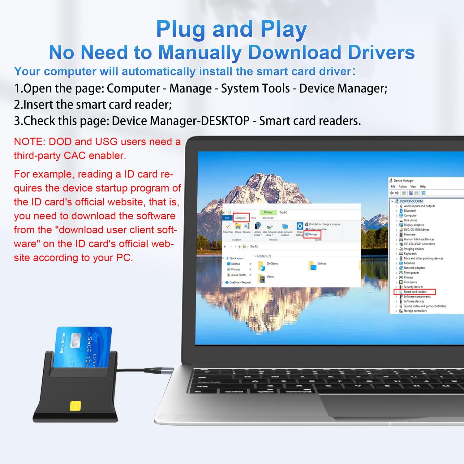Smart Card Reader, SIM Card Reader, 2-In-1 CAC Card Reader for Common Access CAC/SIM/ID/IC Bank/Health/Insurance/E-Tax/Contact Chip Card, Compatible with PC, Laptop - Windows/Vista/7/8/11 image number 1