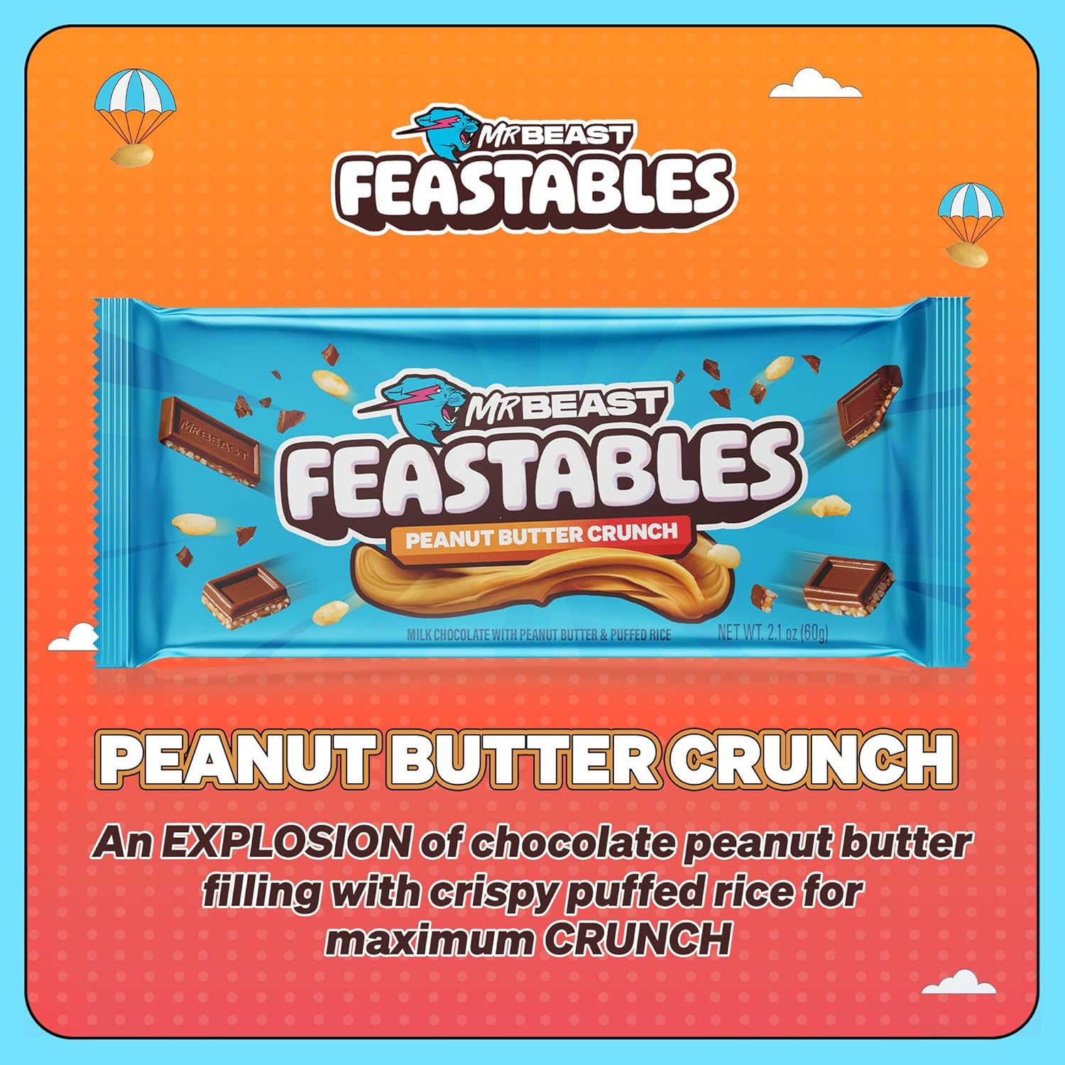 Feastables by Mrbeast Peanut Butter Milk Chocolate Crunch KING Size Candy Bar, 2.1Oz (60G), 10 Count image number 5