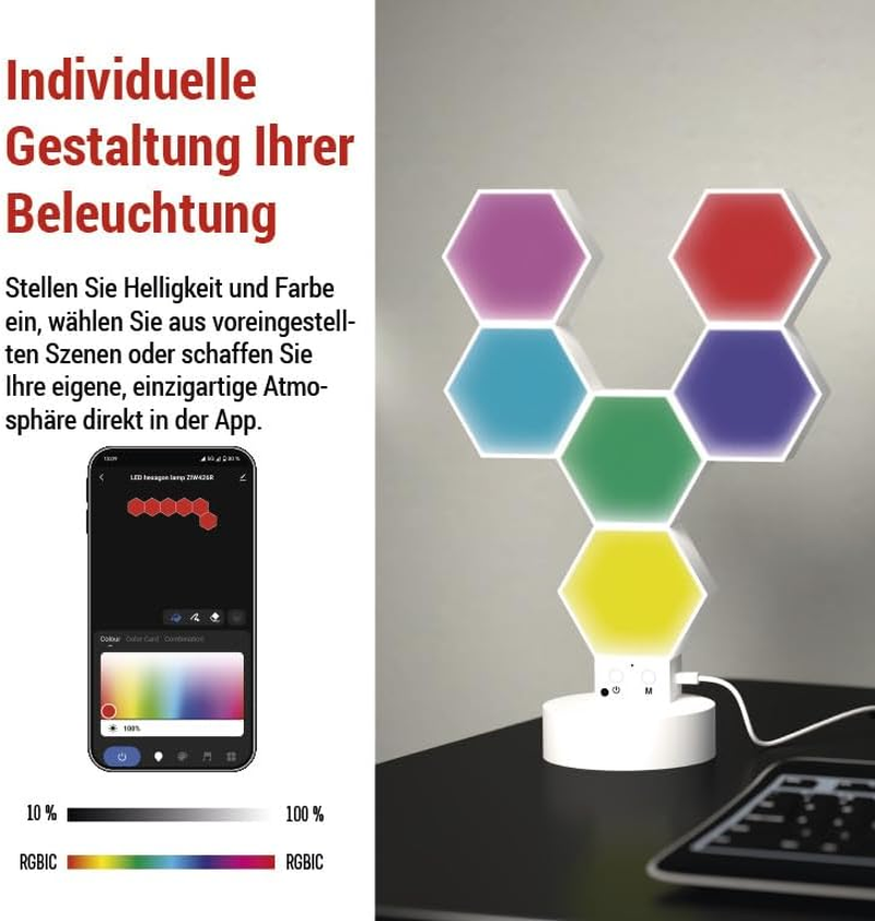 EMOS - Smart Hexagon Table and Wall Lamp, 6 Pieces Hexagon Elements 2-In-1 - Wifi Modular Lighting with RGBIC Colour Spectrum, Dimmable - Handyapp, Voice Assistants - 1M USB Charging Cable - White image number 5