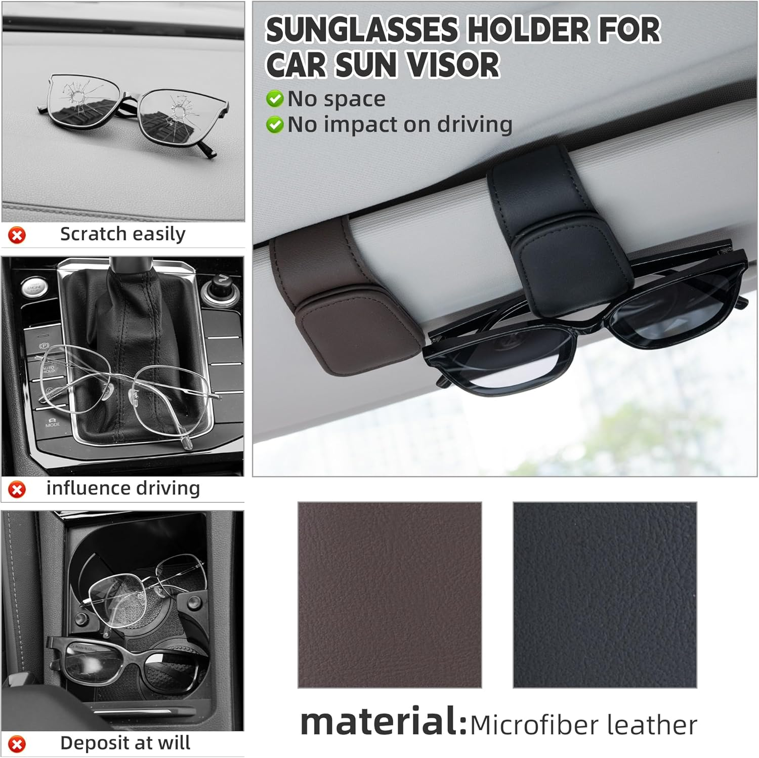 Sunglasses Holder for Car Sun Visor, Magnetic Leather Glasses Eyeglass Hanger Clip for Car, Universal Car Interior Visor Accessories for Woman Man, Brown