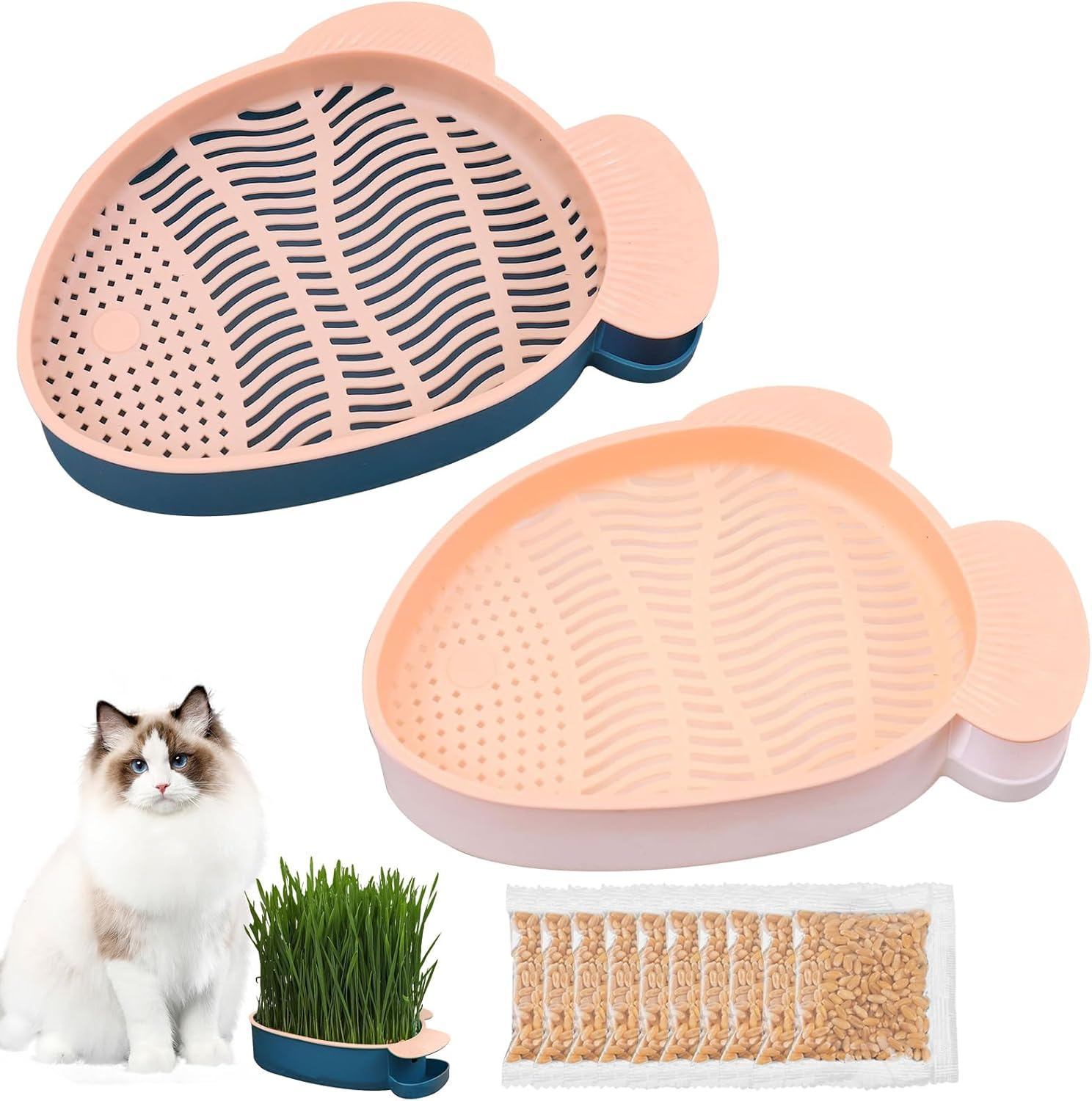 HOMURY Fish Shape Cat Grass Tray Growth Set: 2 Pieces Plastic Comfortable Cat Grass Case, Hydroponic Cat Grass Box with 10 Bags Seed, Cat Grass Germination Tray for Cats Pets