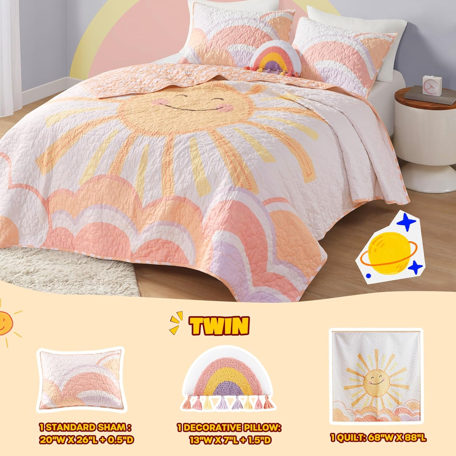 Urban Habitat Kids Twin Quilt Bedding Set Twin Coverlet Cotton Coverlet Sun Girls Twin Bedding Set Rainbow & Clouds Reversible Dawn Light & Breathable Sham Throw Pillow Twin Yellow/Coral 3 Piece image number 5