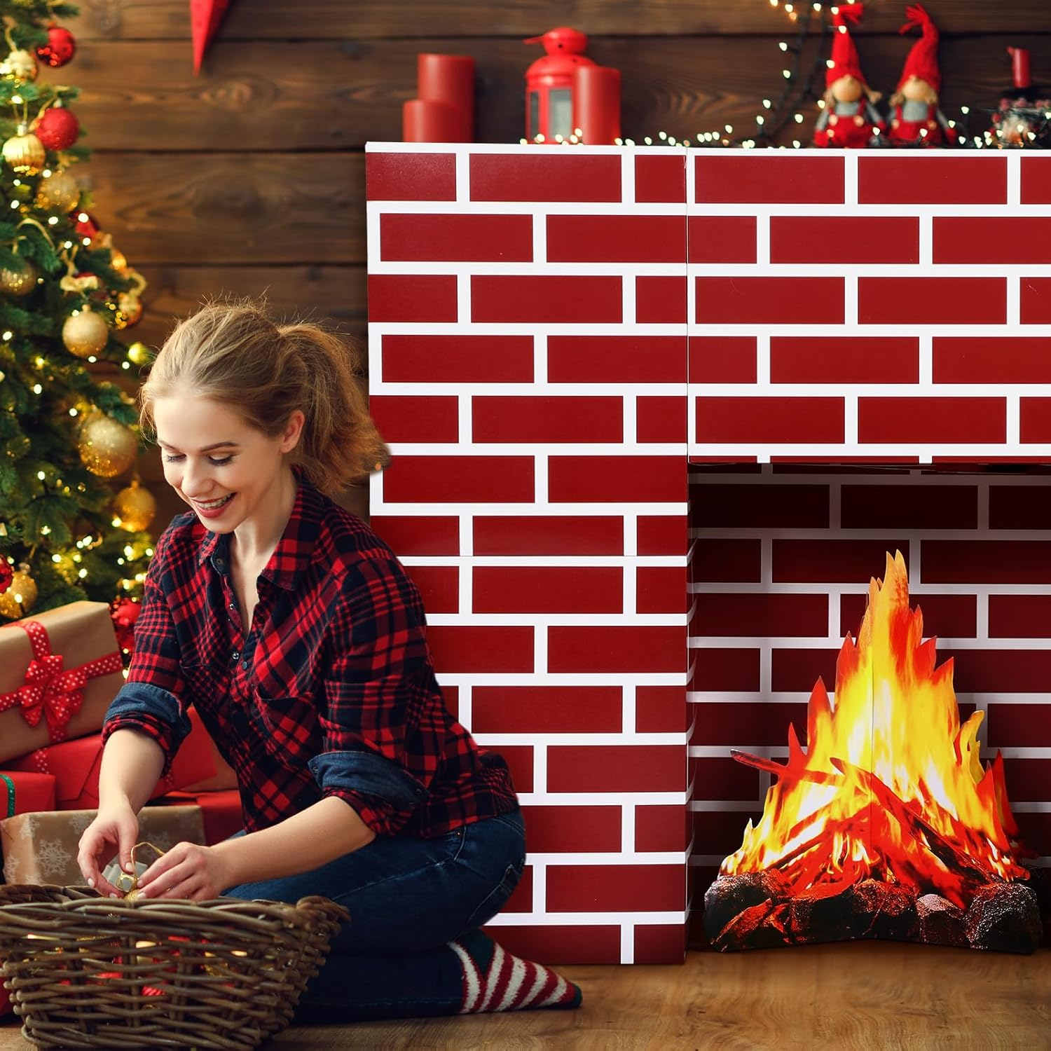 15 Pcs Christmas Cardboard Fireplace Prop Set Red Brick Cardboard Fireplace with Fake Fire Fake Flame Red Brick Boxes Cardboard Blocks for Christmas Home Party Decorations image number 3