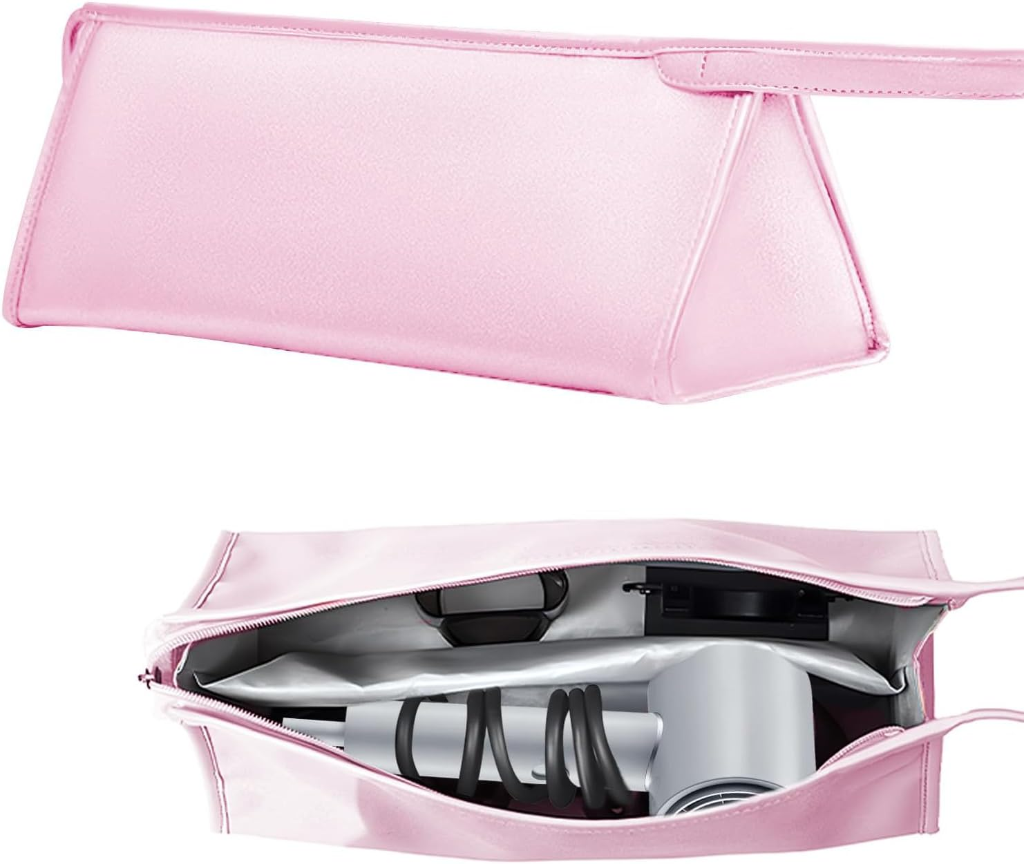 Hair Dryer Storage Bag PU Travel Case Leather Hair Dryer Bag Portable Waterproof Tool Pouch with Compartments and Loops Scratch Resistant Dustproof Shockproof Organizer (Pink) image number 5