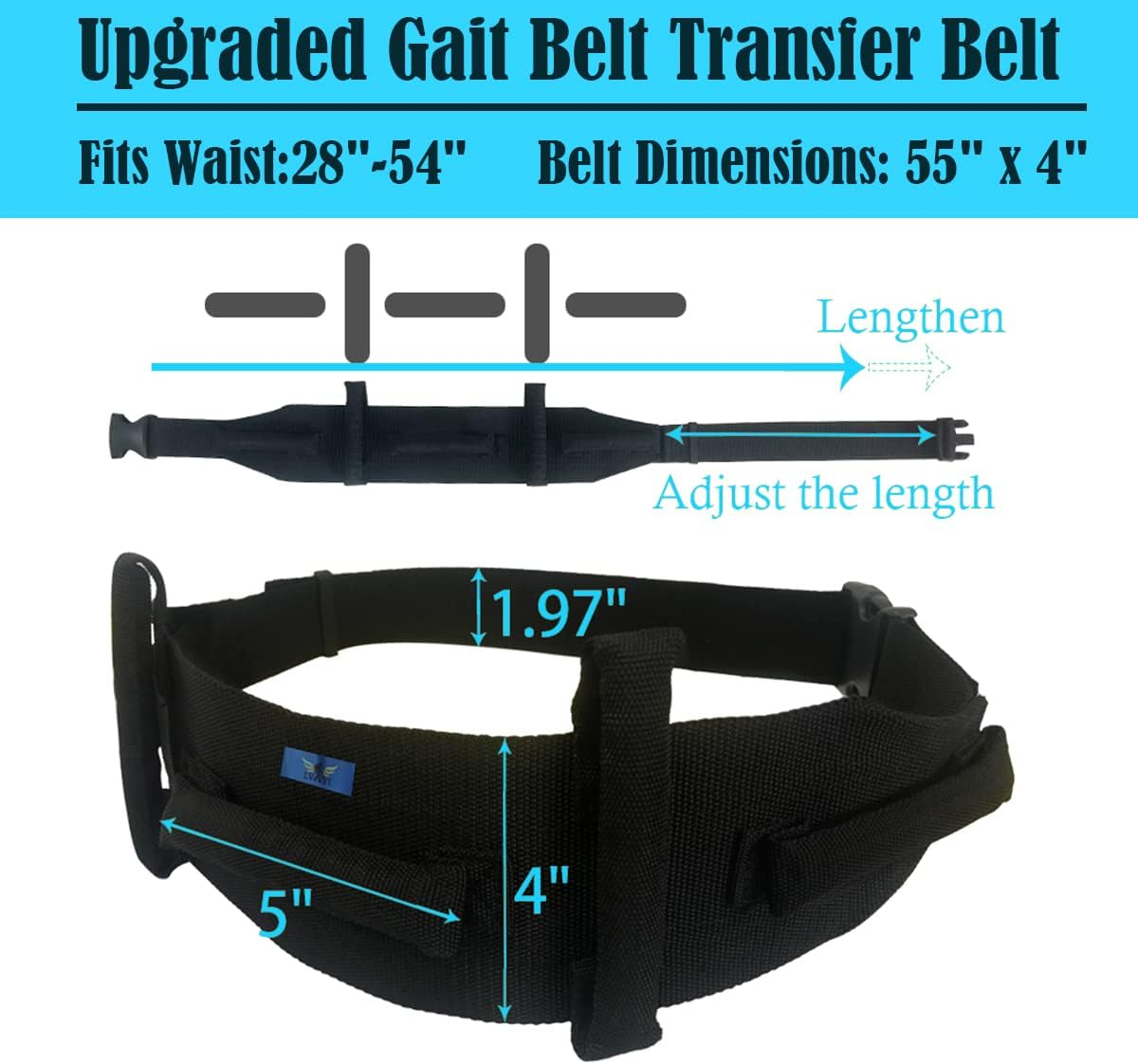 Transfer Gait Belt - 55" L X 4" W, Solid Black Handle, Quick Release Buckle - Elderly Patient Mobility Aid for Safe Walking Ambulation (Sky Blue) image number 5