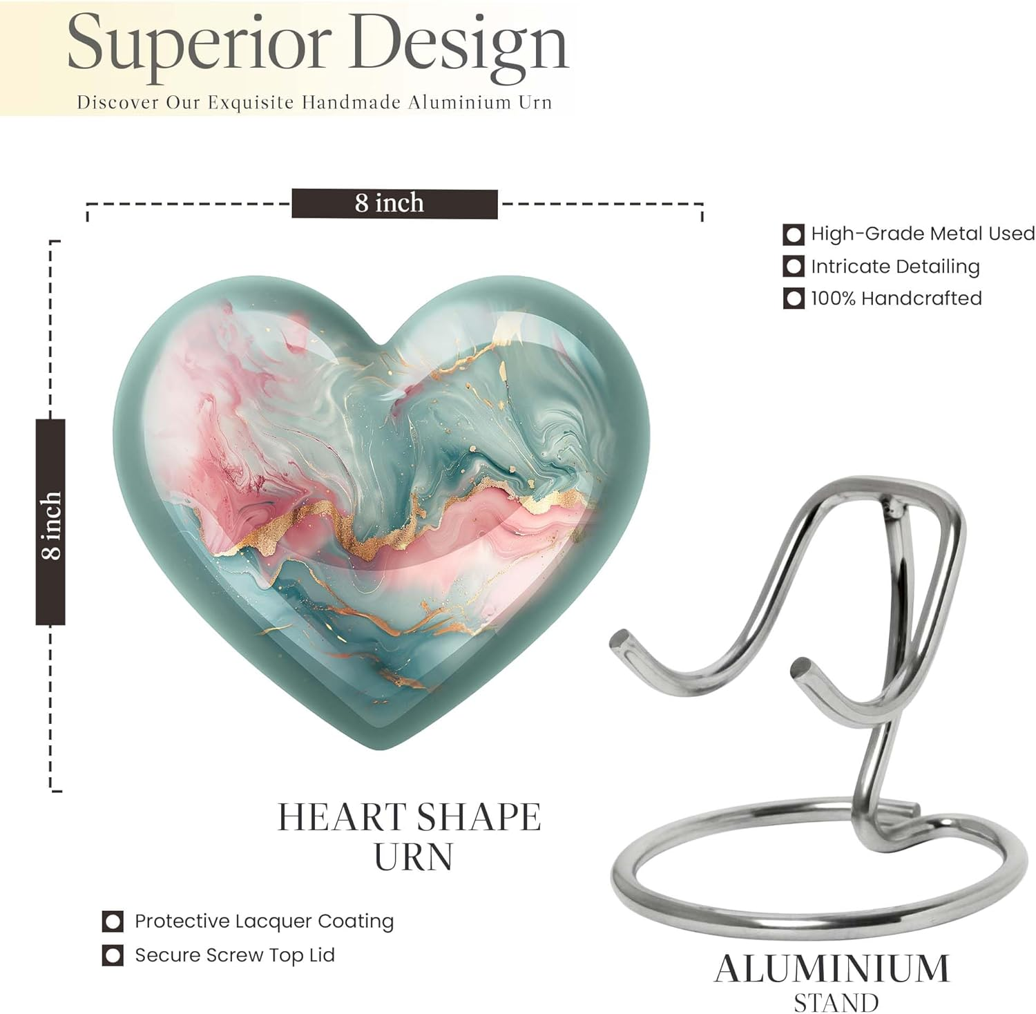 PARUHAS Light Green & Golden Marble Urn - Urn for Ashes Adult Male - Burial Urns for Human Ashes - Urn for Ashes for Women - Urns for Ashes - Ash Urns - Decorative Urn - Large Urn - Heart Urn 10" image number 3