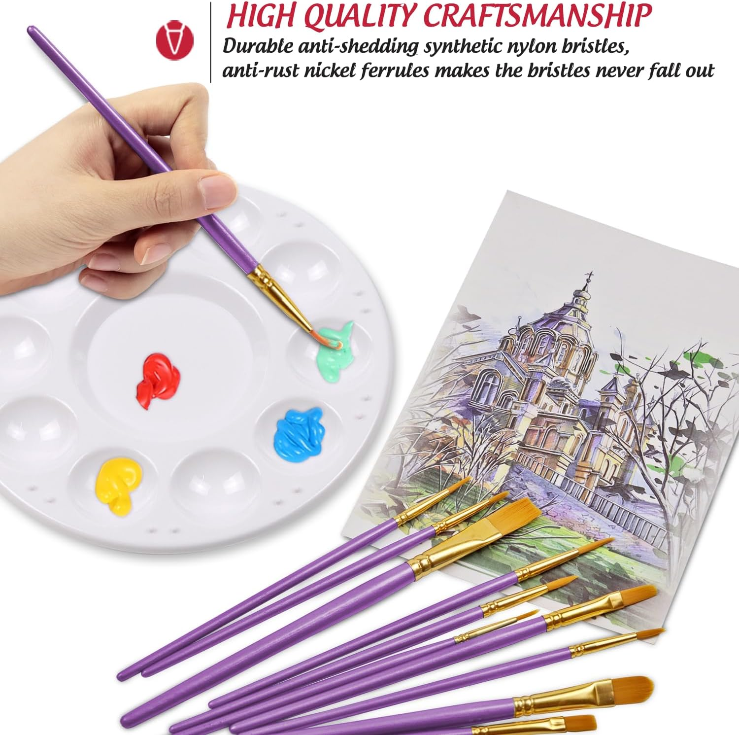 Paint Brushes Palettes Set by DUGATO, 2 Packs/20Pcs round Pointed Tip Nylon Hair Brushes with 5 Paint Trays for Acrylic Watercolor Oil Gouache Tempera and Body Painting (Purple) - Purple image number 6