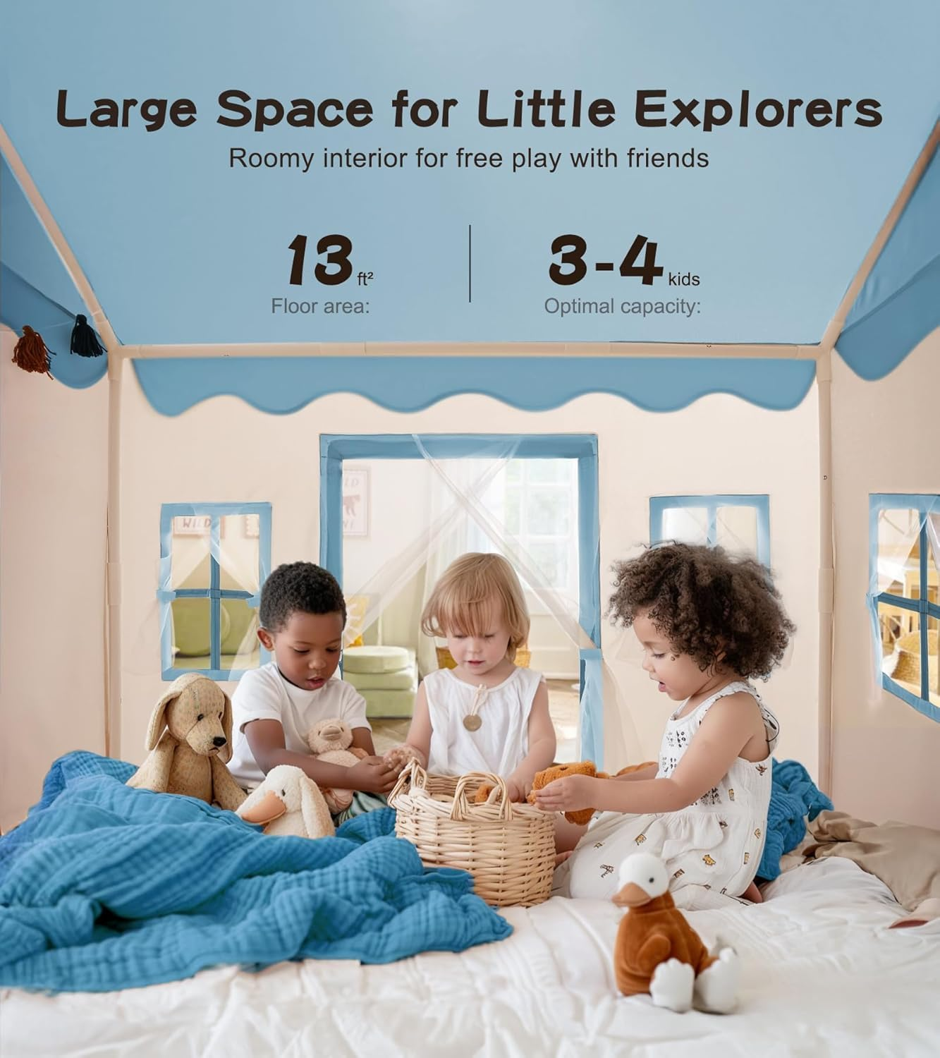 Large Kids Play Tent with Mat, XICEN Play Tent Indoor with Star Lights and Windows, Playhouse for Boys and Girls Aged 3+, Kid Tent with Mat Washable (Blue Top) image number 6