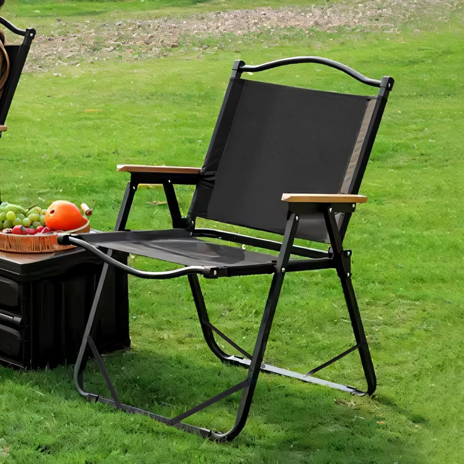 Folding Camping Chair - Lightweight, Portable & Sturdy with Wooden Armrests - Durable Outdoor Chair Camp Seat for Adults, Beach, Picnic, and Patio (Black)