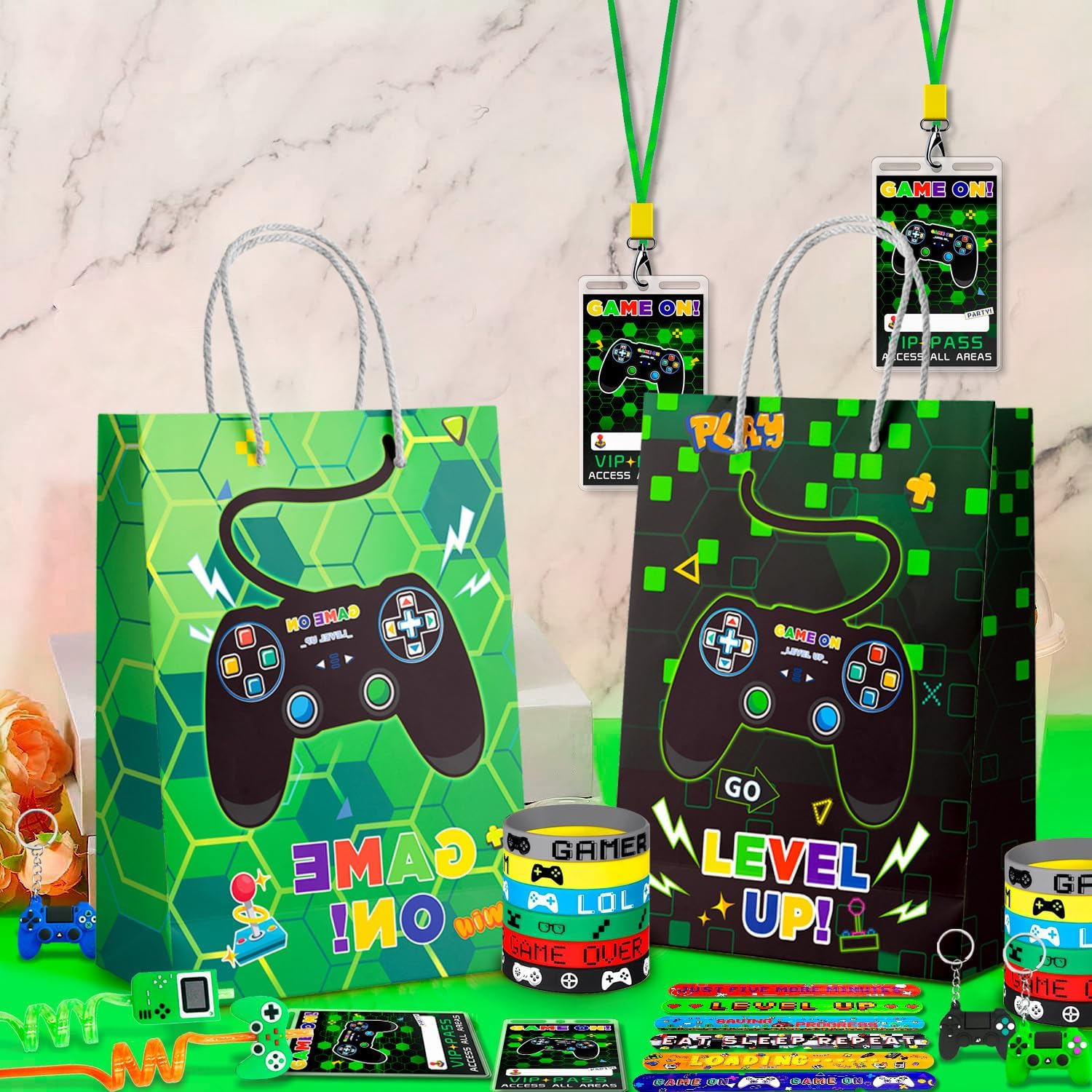 Video Game Party Favors for Kids, 110Pcs Gamer Party Favors Set Including Video Game Wristband Slap Bracelets Keychain Vip Pass Ticket & Gamer Goodie Bags Etc Gaming Party Favors for Boys image number 4