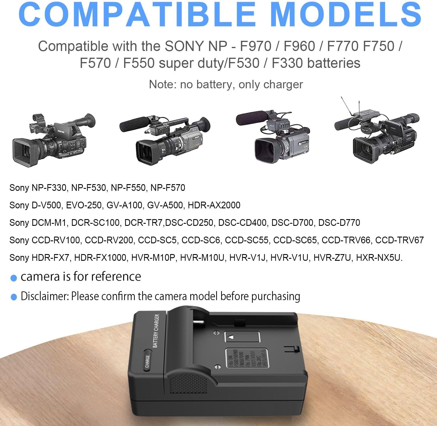 KWTOUL NP-F550 Battery Charger Compatible with Sony NP F970, F960, F770, F750, F570, F530, F330, CCD-SC55,TR516,TR716, TR818, TR910, TR917, CN160, CN-216, Feelworld Field Monitor & More image number 1