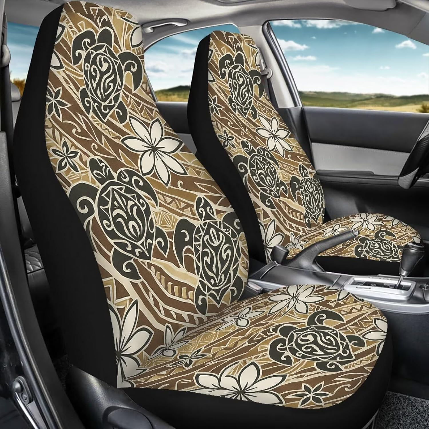 Bulopur Sea Turtle Car Front Seat Covers Full Set Polynesia Floral Auto Seat Covers Stretchable Polyester Automotive Cushion Cover Soft Breathable Auto Interior Decorations