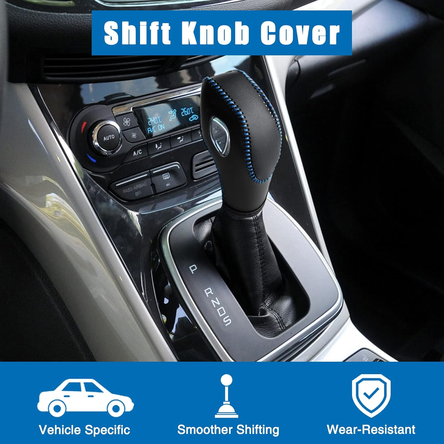 AICARS Leather Gear Shift Knob Cover Compatible with Ford Focus丨 Escape丨 Fusion丨 C-Max Energi Wagon丨 Transit 丨 Fiesta 2012-2019 Black Leather with Blue Stitches Shifter Knob Cover- Black - Red image number 3