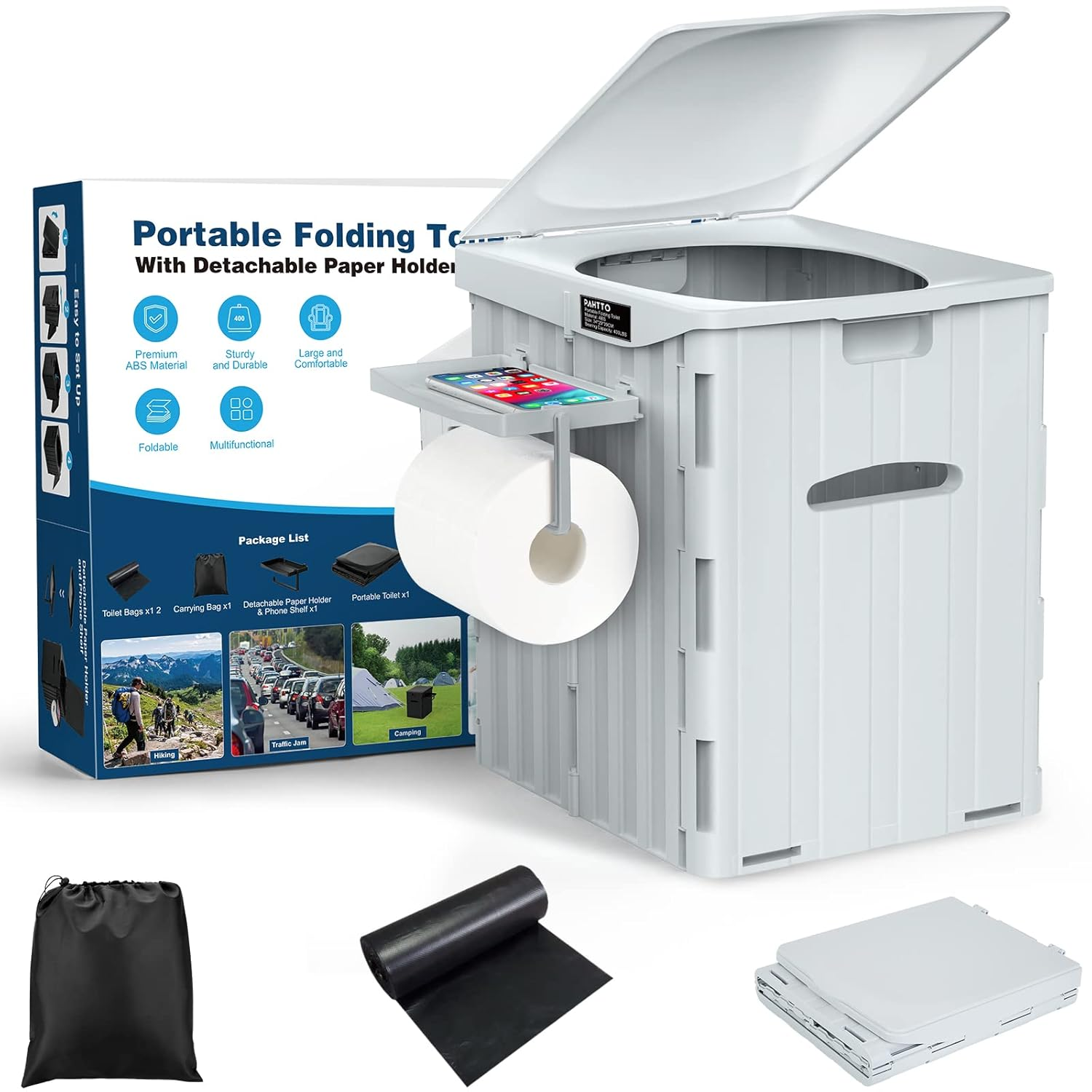 PAHTTO XL Portable Toilet for Adults, Extra Large 15.4''H Foldable Camping with Detachable Phone Shelf & Paper Holder, Waterproof Porta Potty Lid Camping, Hiking, Long Road Trips, Car, Black