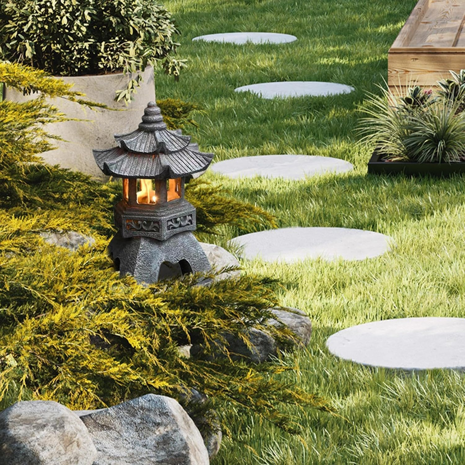 Solar Lantern - Stone Japanese Pagoda Lantern Statue, Solar Powered Yard Lights for Pathway, Court, Front Yard image number 2