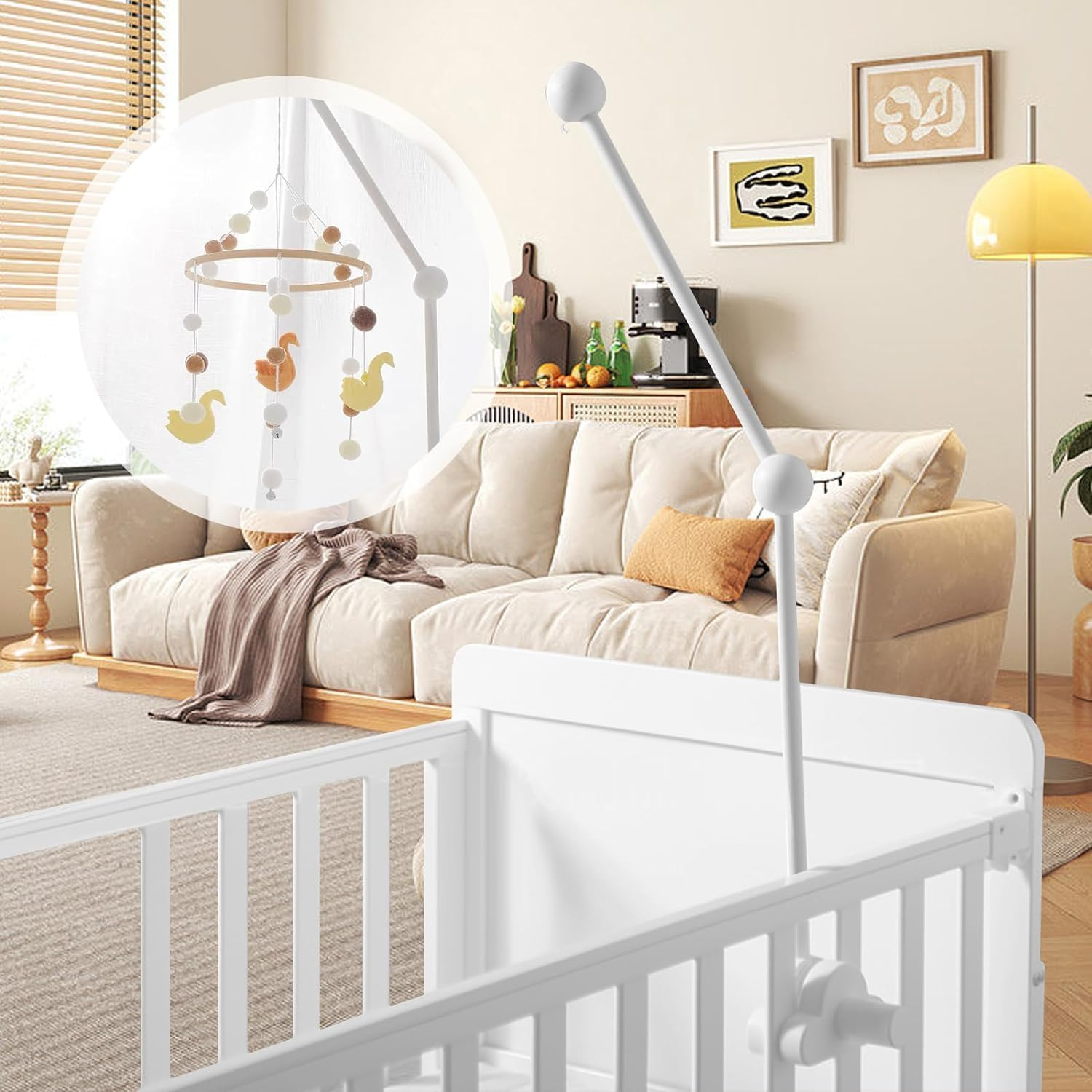 Baby Crib Mobile Arm,Wooden Baby Crib Mobile Holder,Cot Hangingarm Wooden,Adjustable Hanger for Nursery Decor Mount Bed Bell Holder(White) image number 6