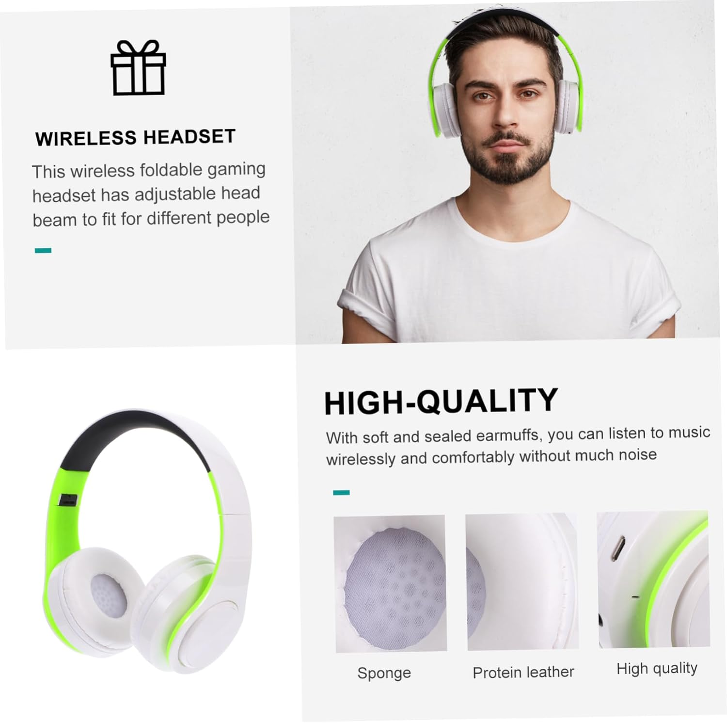 TEHAUX Head-Mounted Wireless Headphones Foldable Design Noise Canceling Feature for Office Use and Cellphone Compatibility image number 5