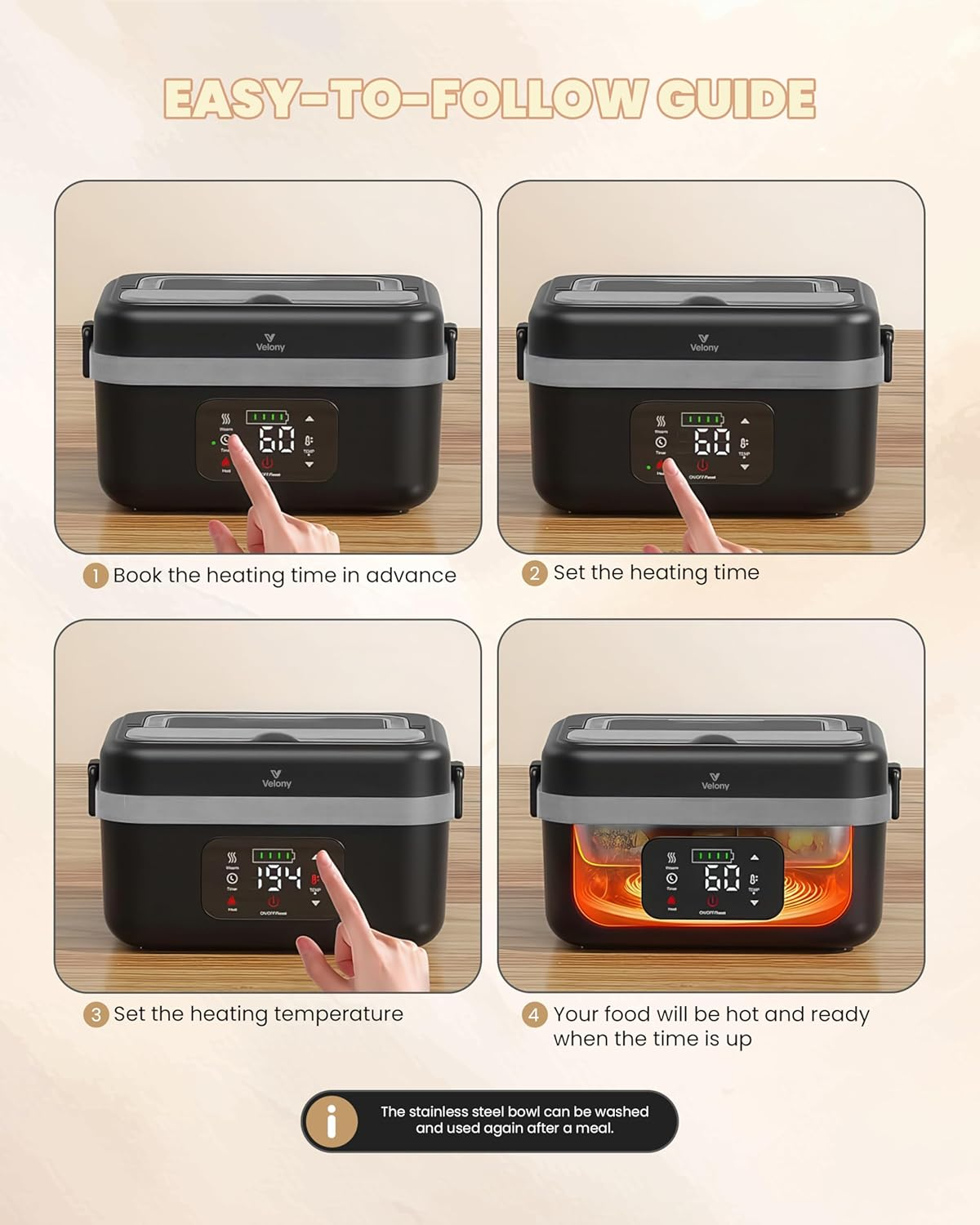 Velony Cordless Electric Lunch Box 16000Mah, Rechargeable Portable Food Warmer with Timer, 1L Stainless Steel Container & Insulated Bag - Perfect for Work, Tradies, Car, and Outdoor image number 3