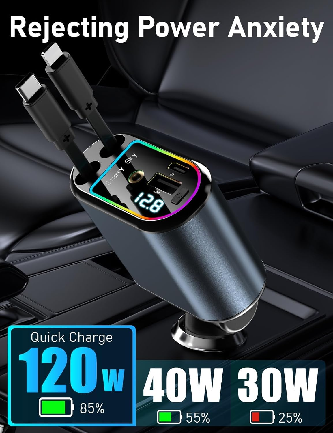 Upgraded Retractable Car Charger 120W with Starlight, 4 in 1 Retractable Car Charger with Type-C Cable, Ios Cable, USB-C & USB-A Compatible with Iphone 16/15/14/13/12/11,Galaxy,Pixel image number 5