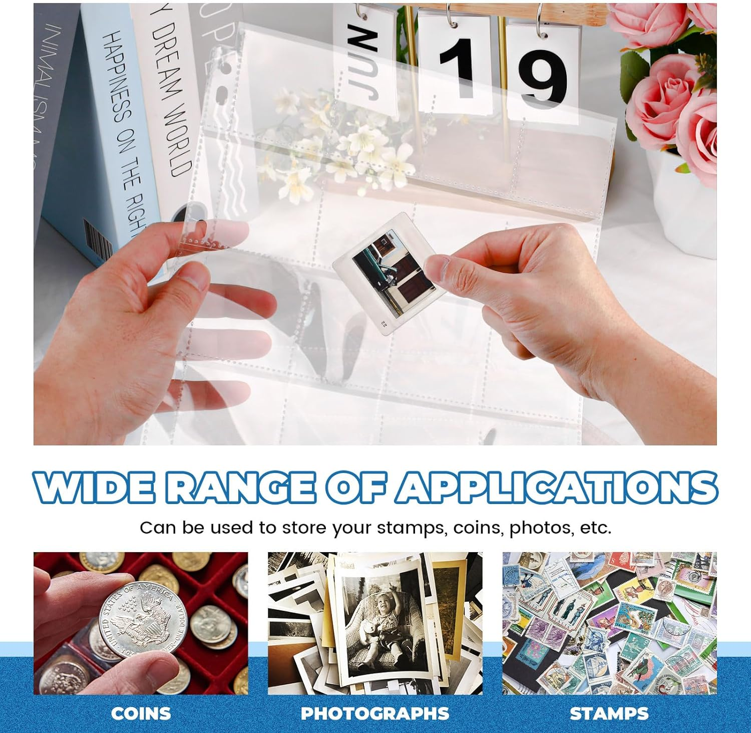 Sekonow 48 Sheets Coin Flip Sleeves for 3 Ring Binder, (2X2In, 960 Pockets), Photo Slide Page Protectors, Top Loading Clear Cardboard Coin Holder Organizer Collection Supplies image number 2